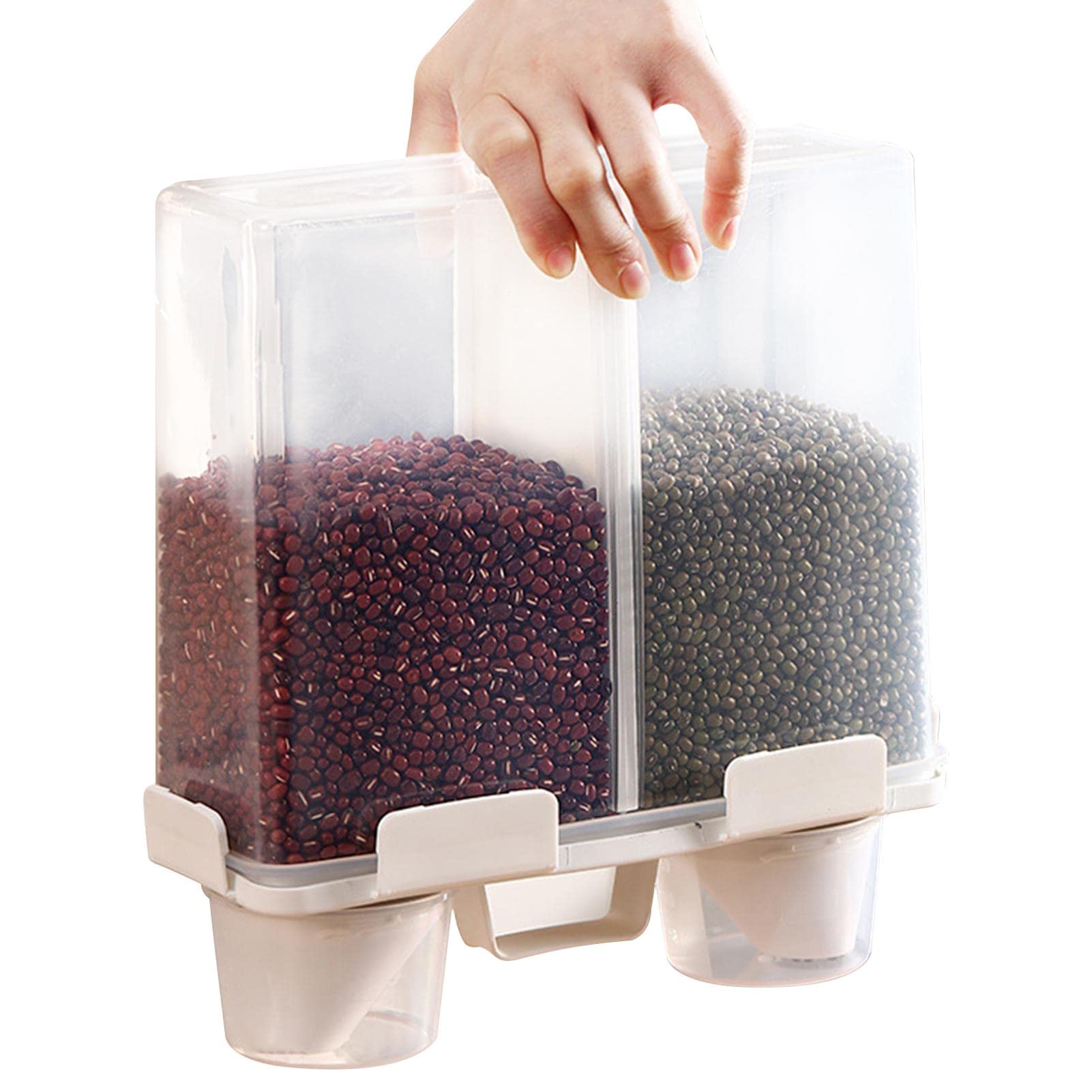 Contenedor de arroz con compartimentos, Barril de arroz transparente, Caja de almacenamiento de granos con compartimentos, Dispensador hermético de alimentos secos de 4L, Diseño de 2 compartimentos,