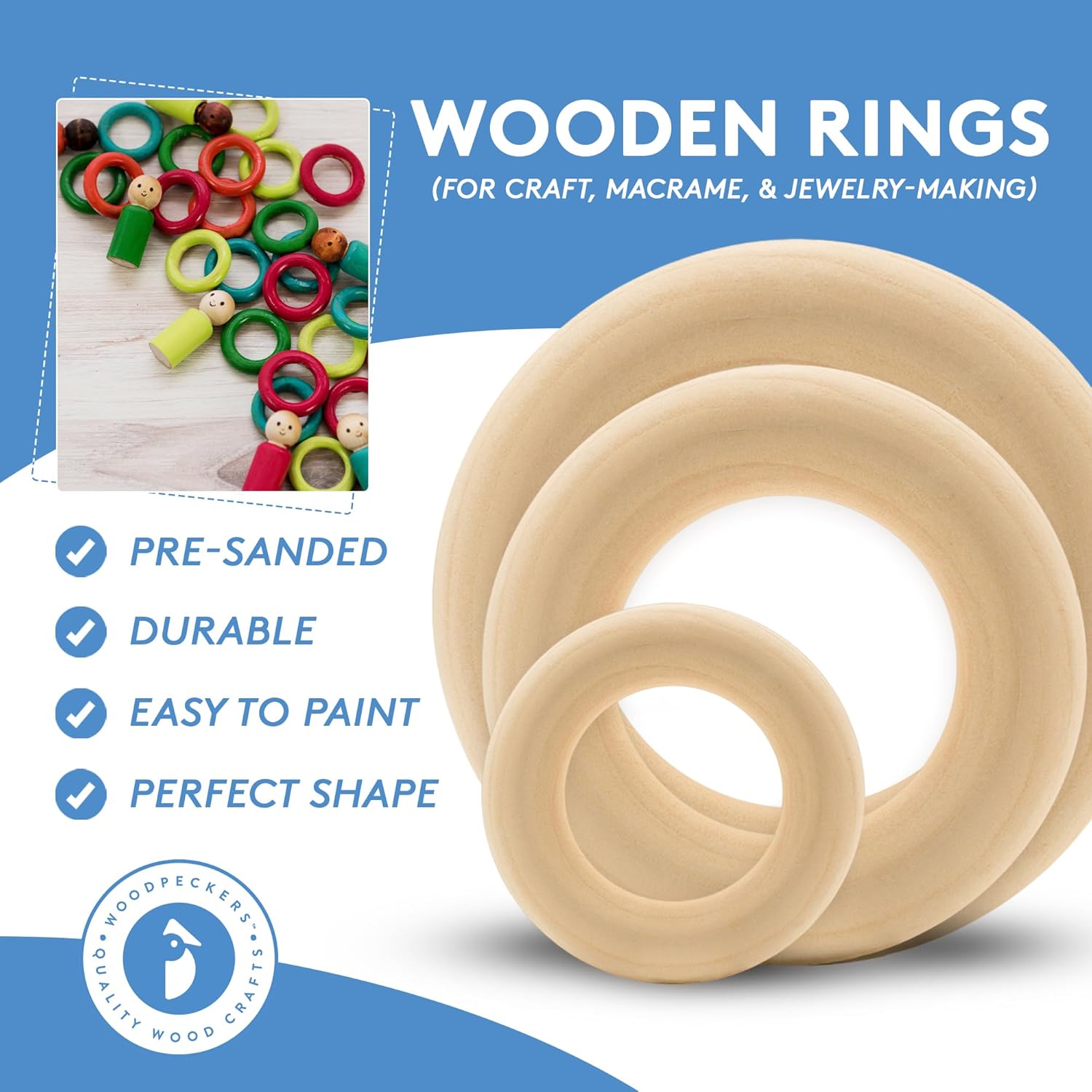 Wood Rings for Crafts 1-3/4 Inch, Pack of 50 Unfinished Wooden Rings for Macrame and Jewelry-Making, by Woodpeckers