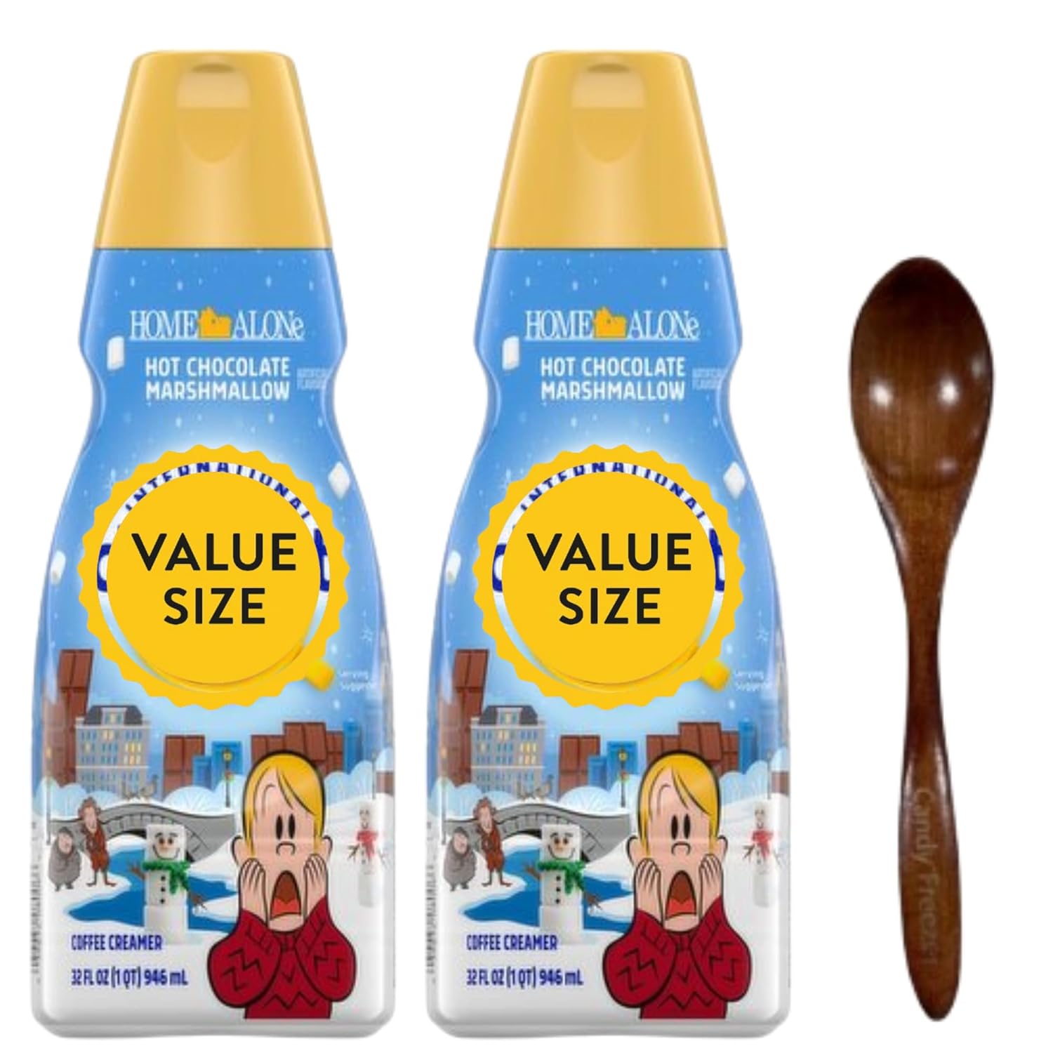 Hot Chocolate Marshmallow Liquid Coffee Creamer, 32 fl oz (Pack of 2) Liquid Non-Dairy Creamer for Coffee, Tea & Cold Brews with Candy Freezer Wooden Spoon (Hot Chocolate Marshmallow) Wooden Spoon