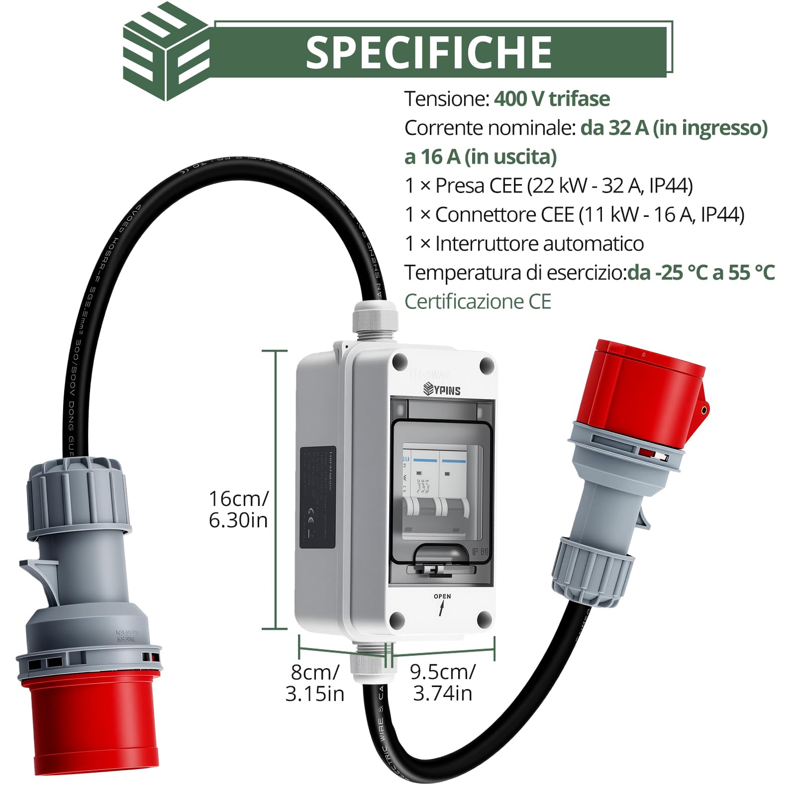 EYPINS Adattatore CEE da 32 A a 16 A con Interruttore,Trifase 400V,Spegnimento Automatico a 16A,Grado di Protezione IP44,Materiale ABS+PC,per Officine Cantieri Campeggio e Giardino