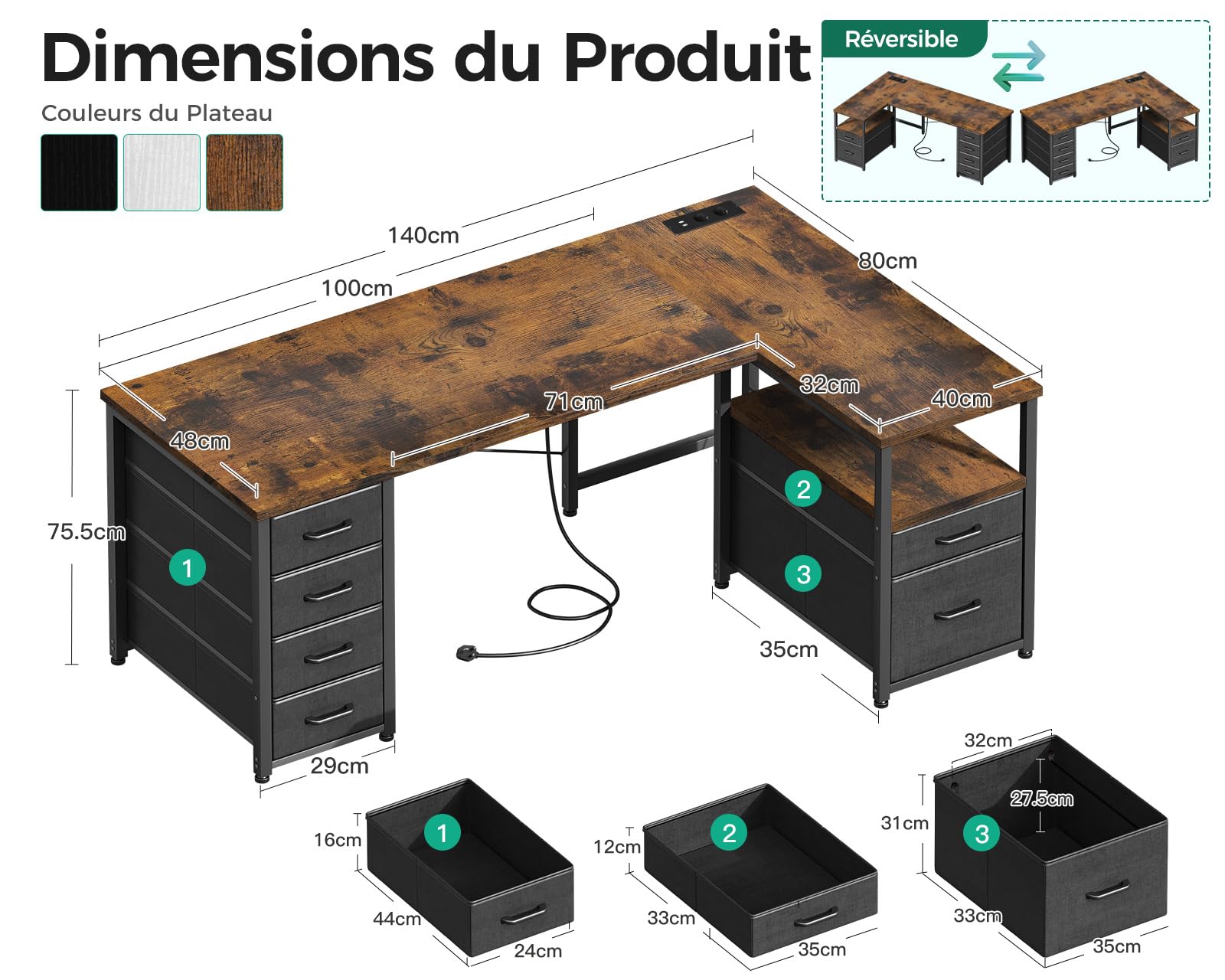 Coleshome Bureau d'angle avec Tiroirs en Tissu, 140x80cm Réversible Bureau en L avec Tiroir Classeur, Bureaux Ordinateur avec Port de Chargement USB et Prise de Courant, Bureaux à Domicile, Marron