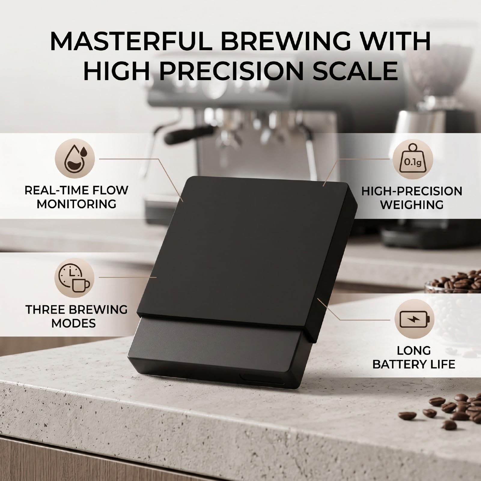 Zerodis Báscula de café, Báscula de Cocina Digital de Precisión de 0,1 G con Pantalla Clara 3 Modos de Preparación 700 MAh Peso de Cocina Recargable Antideslizante para Verter sobre el