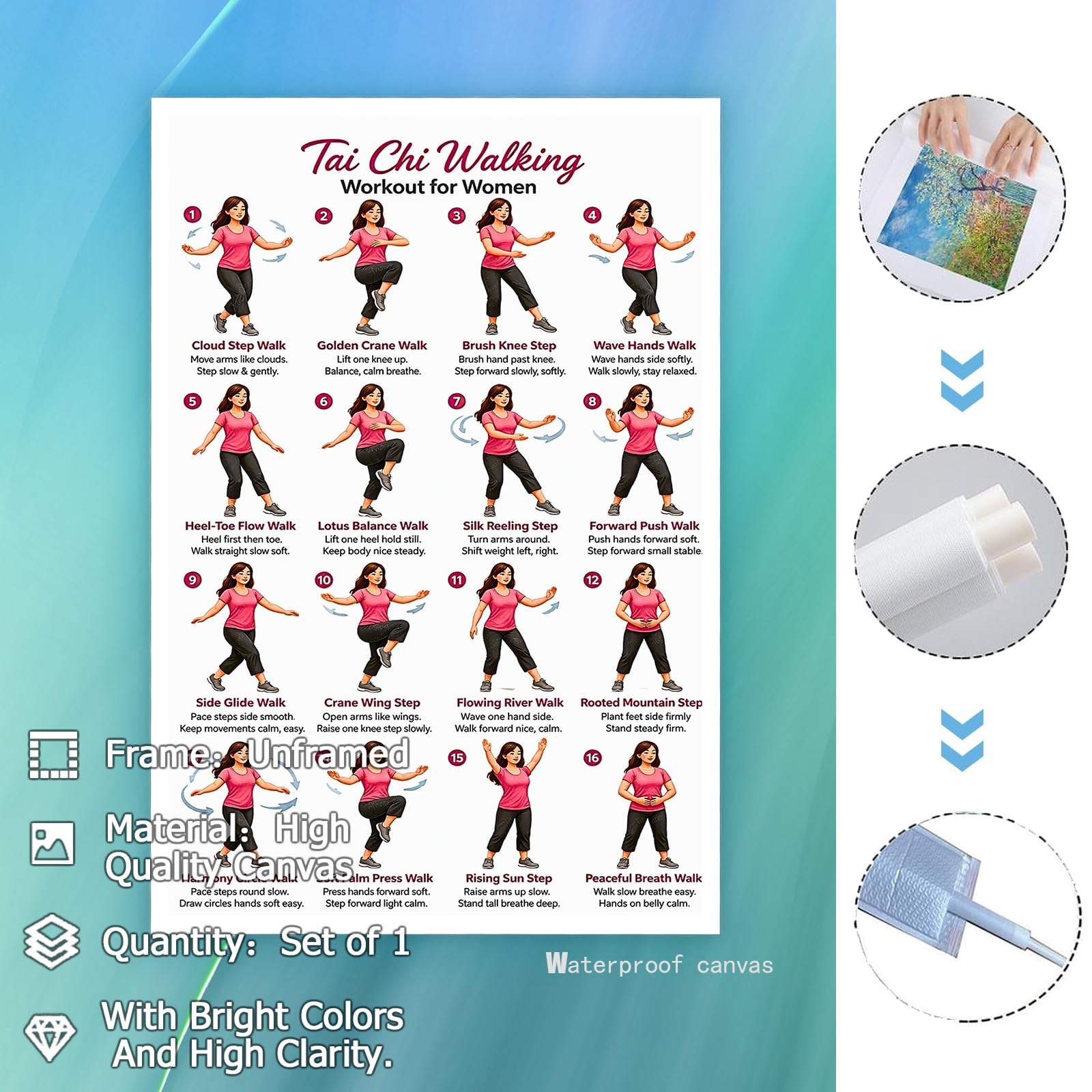 Tai Chi Walking Workout for Women Poster Balance & Mindful Movement Exercise Chart(8x12inchs，Unframed) — view 2