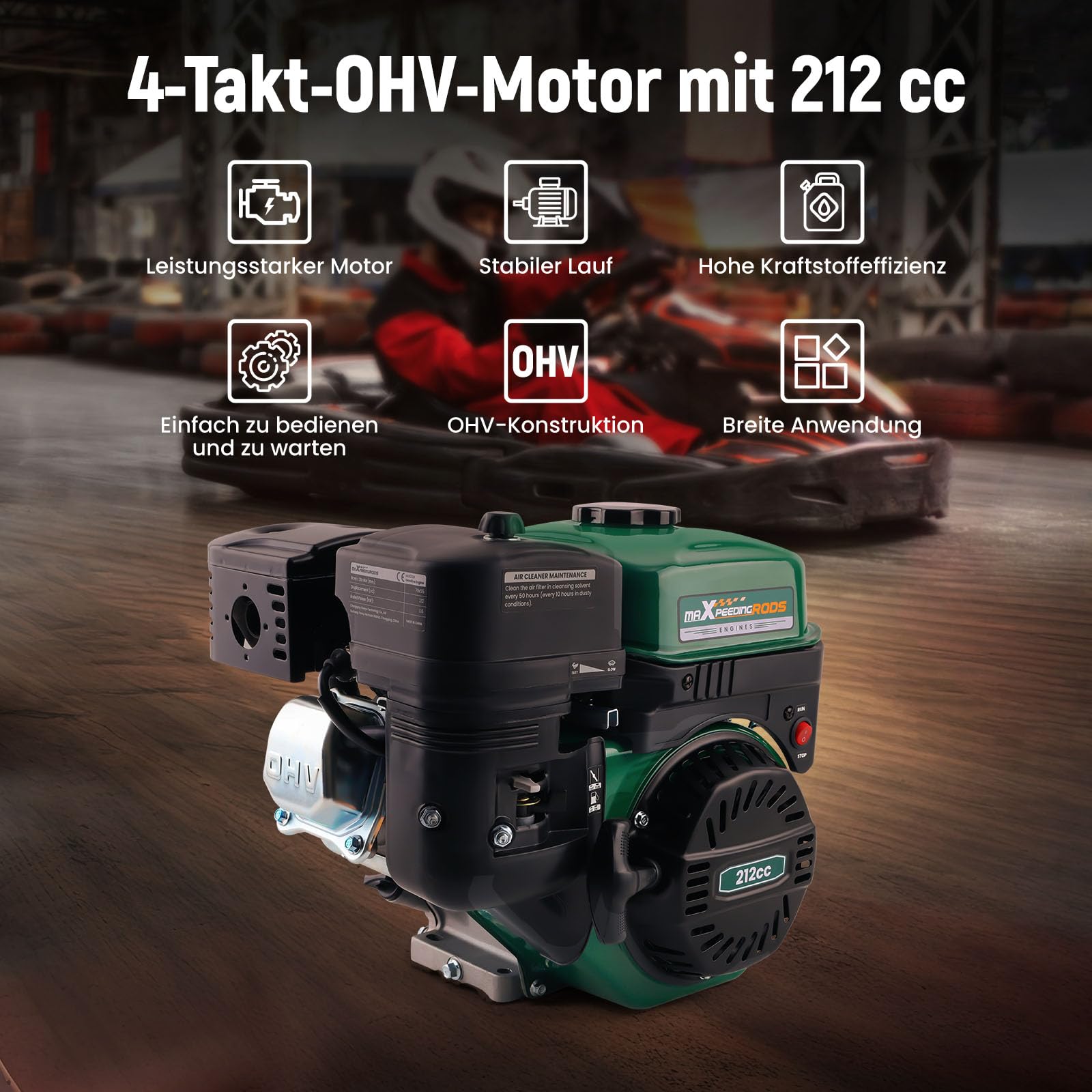 maXpeedingrods 7 PS Benzinmotor OHV-Motor, Standmotor Kartmotor, Benzin Motor mit 19 mm Ø Welle, 4-Takt, 1 Zylinder Benzin Motor, 212cc Hubraum,Recoil, luftgekühlt
