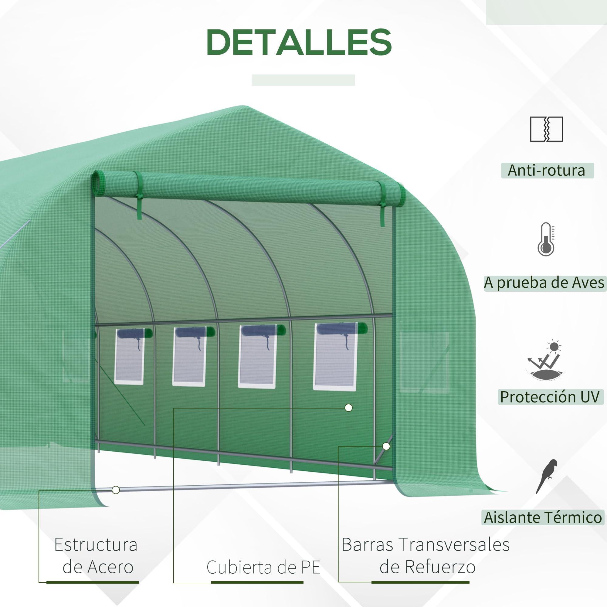 Outsunny Invernadero de Túnel 800x300x200 cm con 12 Ventanas y Puerta Enrollable Cubierta PE 140 g/m² y Acero para Cultivo de Plantas Verduras Verde