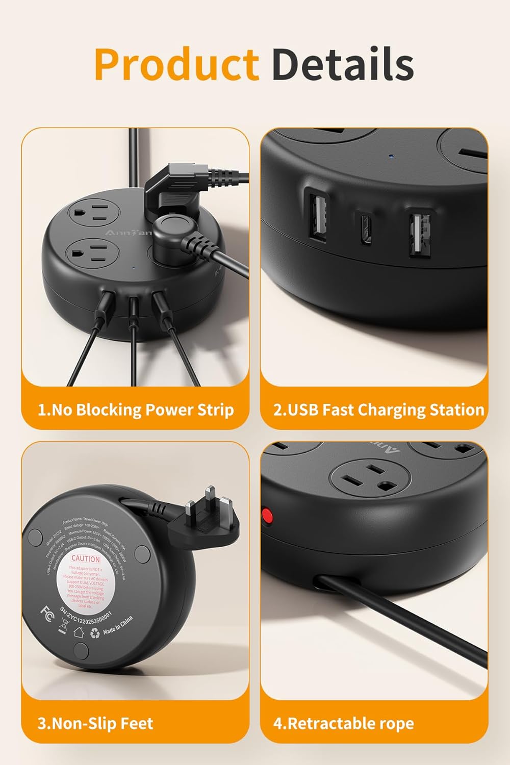 UK Travel Plug Adapter - Retractable Power Strip with 4 AC Outlets & 3 USB Ports (USB-C), Type G Adapter for US to UK, Ireland, Scotland, Hong Kong, Dubai (Black)