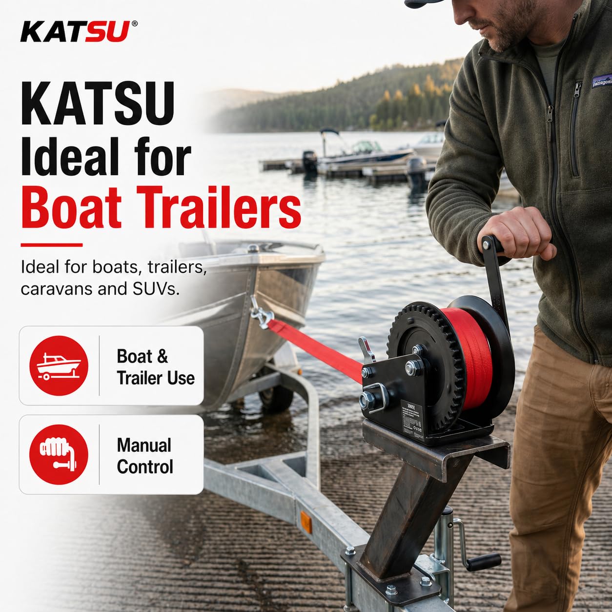 KATSU Tools Cabrestante Manual Pesado 1600lbs 725kg con Correa de Poliéster de 10m, para Remolques de Barco, Caravana, Coche, Camión y Uso Marino 325922