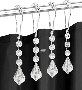Shower Curtain Hooks Rings for Bathroom, 12PCS Shower Hooks with Gemstone Crystal Bead Charms, Stainless Steel Rust Resistant Curtain Rings Clear Maple Leaf