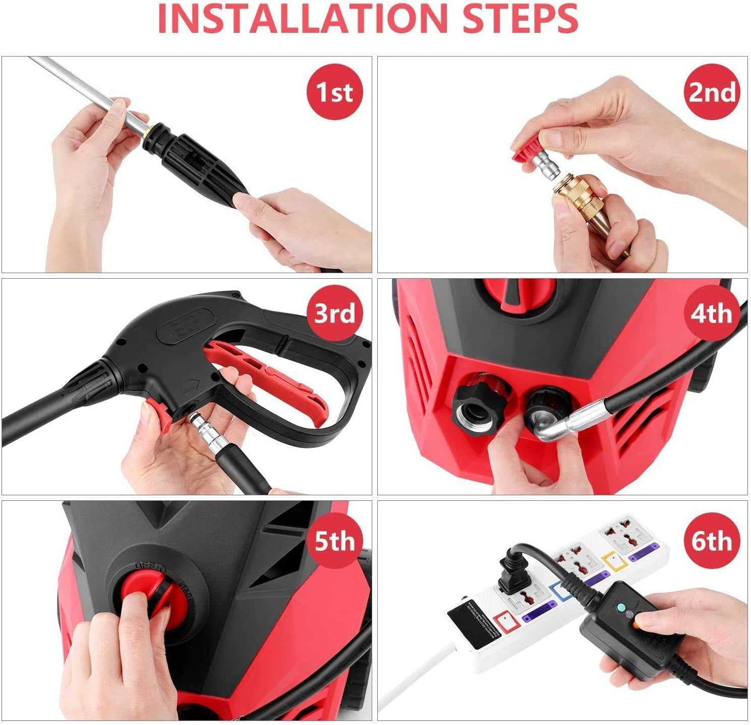 Six-step visual guide for pressure washer installation: 1. Attach wand to spray gun. 2. Connect high-pressure hose to spray gun. 3. Connect high-pressure hose to pressure washer. 4. Connect water inlet hose to pressure washer. 5. Turn on water supply. 6. Plug in power cord.