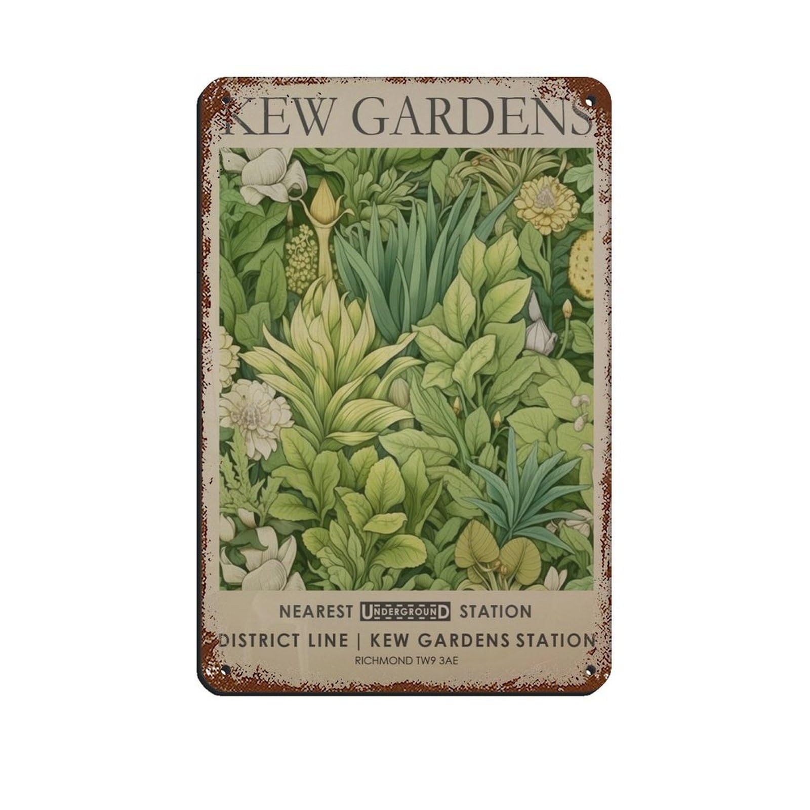 Kew Gardens, Vintage Green Botanical Art Retro Poster Metal Tin Sign Chic Art Retro Iron Painting Bar People Cave Cafe Family Garage Poster Wall Decoration 8x12inch(20x30cm)