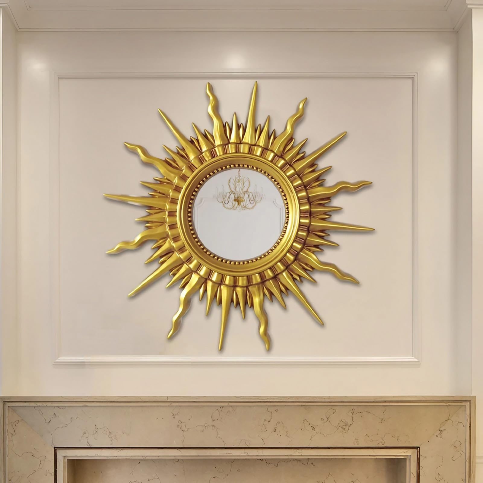 FGXHHS 32" Large Round Hanging Wall Mirror, Sunburst Decorative Mirror for Living Room Bedroom Bathroom Entryway, Antique Fireplace Decor