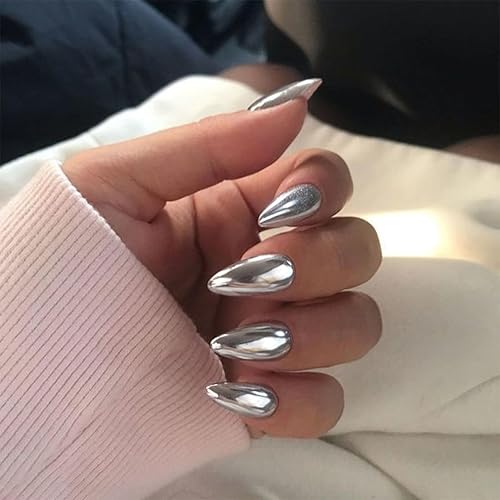 White Sliver Chrome Press on Nails Medium Almond, KQueenest Mirror