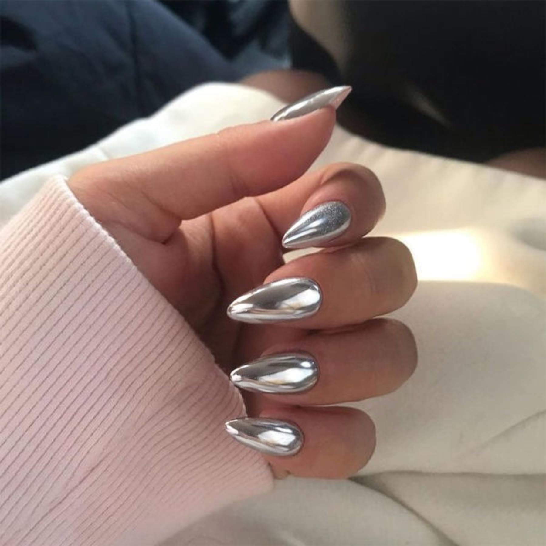 Metallic Sliver False Nails Almond, SXVME Chrome Press On Nails Medium, Glazed Shine Fake Nails with Mirror Effect - Image 2
