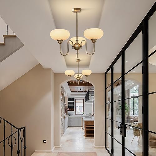 Miniatura 7 de BOKT Lámpara de araña moderna de globo dorado de mediados de siglo, 3 luces, lámpara colgante Sputnik de cristal grande, anti latón Sputnik montaje