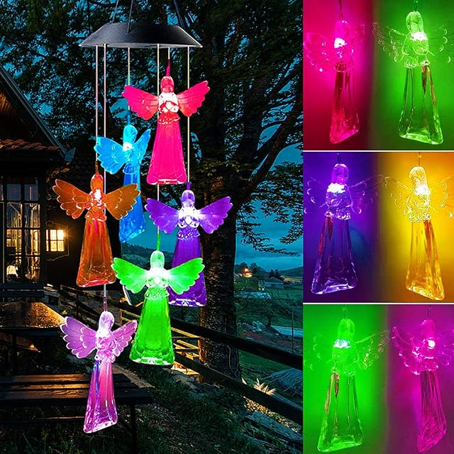 Wlevzzor Solar Wind Chime,Wind Chimes Changing Color LED Light Indoor Outdoor Patio Lawn Gardening Gifts Festival Decor for Women Mother Wife Girlfriend Birthday Valentine Gifts (Angel)