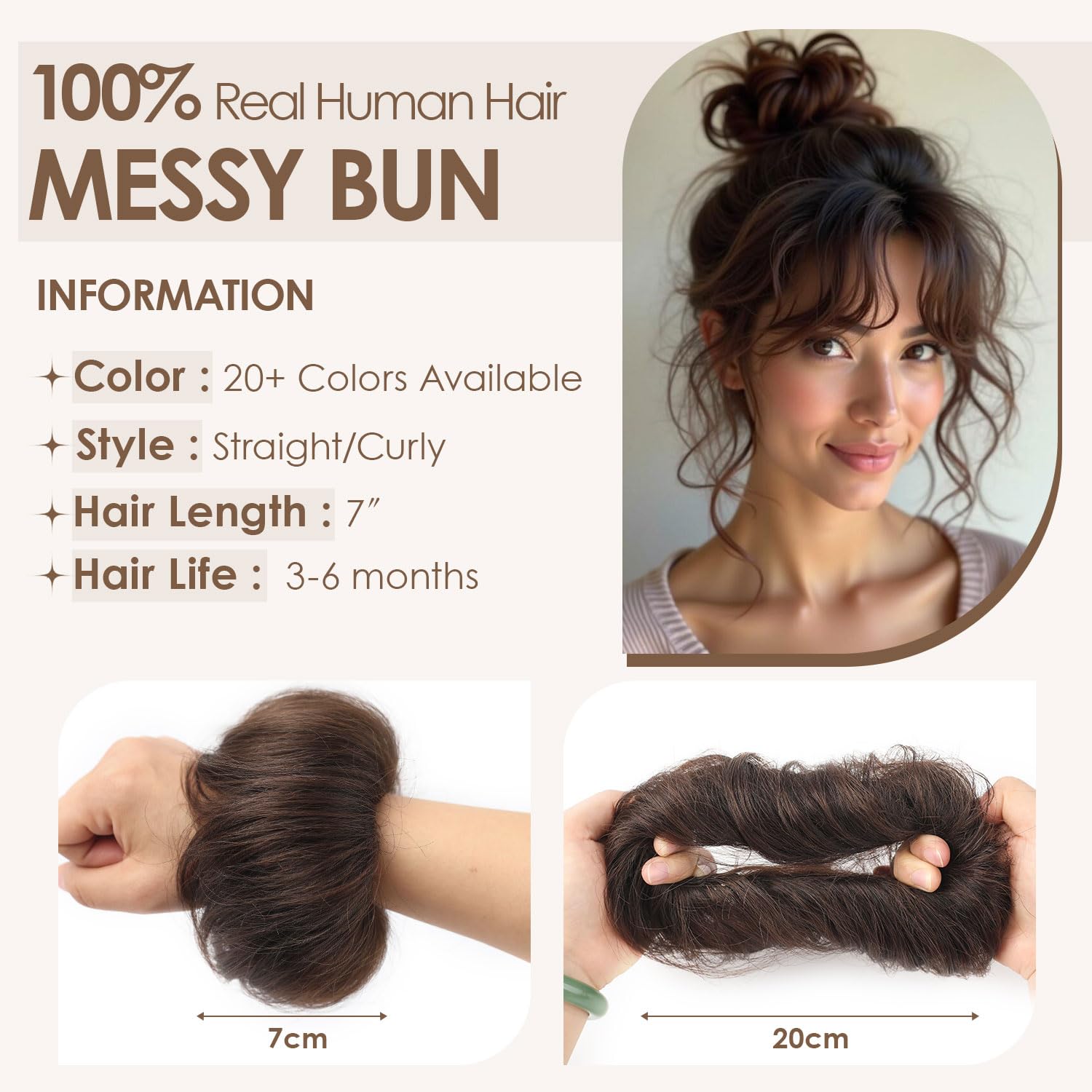Human Hair Bun Natural Curly Darkest Brown Natural Curly Tousled Stretchy Fluffy Donut Updo Elastic Rubber Band Human Hair Extension(2 Count #2 Darkest Brown)