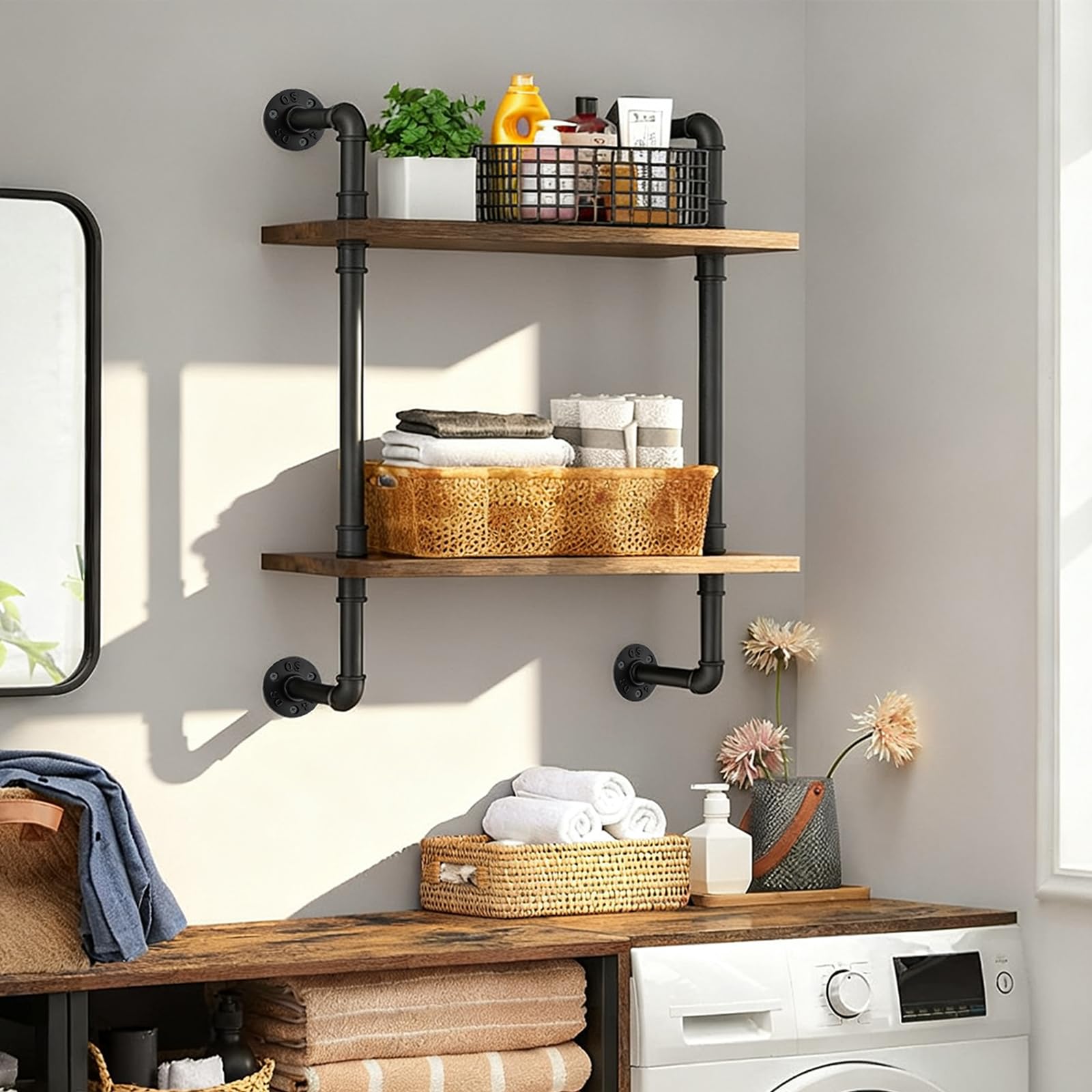 Tanice Estantes industriales de tubería montados en la pared, estante de madera rústica de 2 niveles para cocina y dormitorio, almacenamiento de estilo vintage con diseño resistente