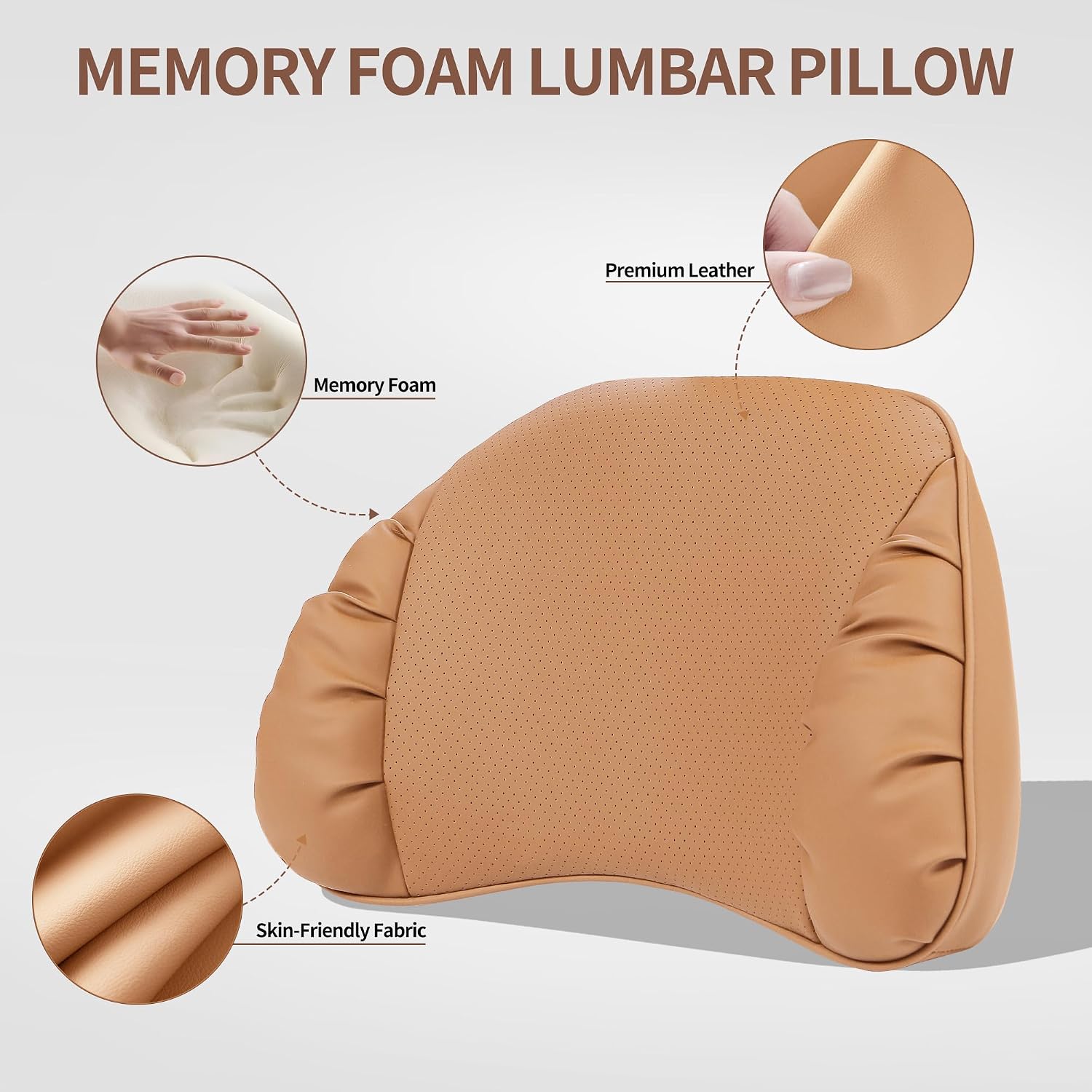 Lumbar Support Pillow for Car Seat, Memory Foam Leather Lumbar Pillow for Lower Back Pain Relief - Back Cushion for Driving - Chair Support for Office Chair, Palomino Brown, 1 Pack