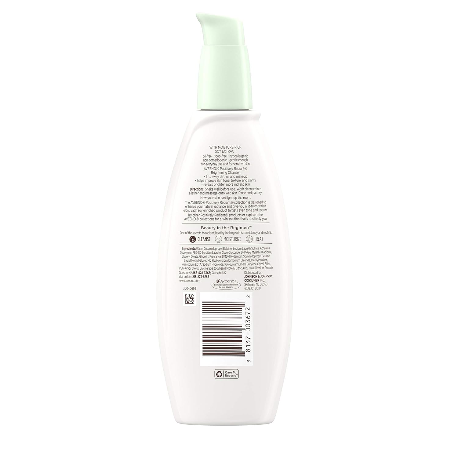 Aveeno Positively Radiant Brightening Facial Cleanser for Sensitive Skin, Non-Comedogenic, Oil-Free, Soap-Free & Hypoallergenic, 6.7 fl. oz (Pack of 2)