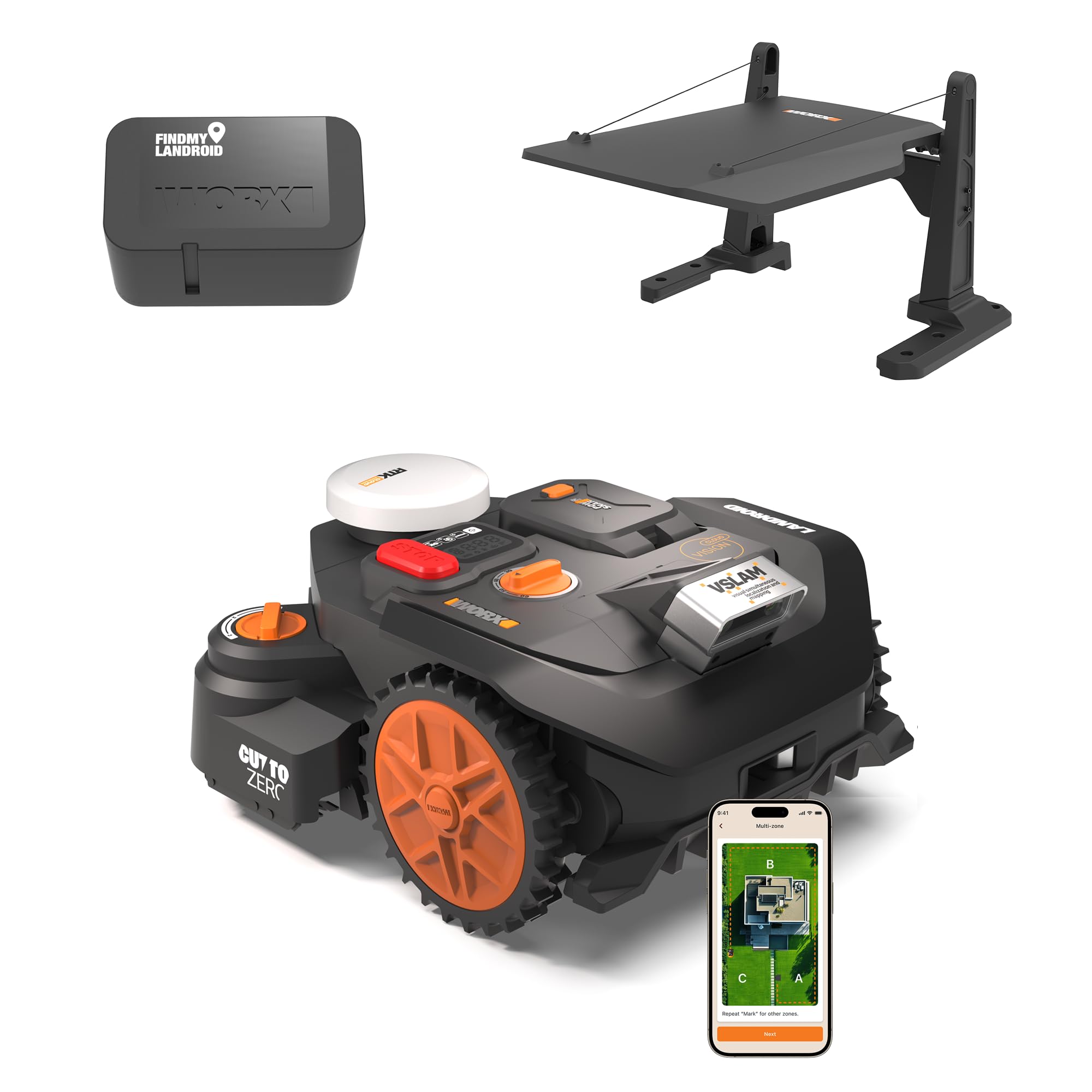WORX Vision Cloud 2WD WR306E Robot Tondeuse 600 m² sans Fil périphérique + Garage + Antivol (évitement d'obstacles par IA, Navigation VSLAM + RTK Cloud, cartographie Automatique, Cut-to-Zero)