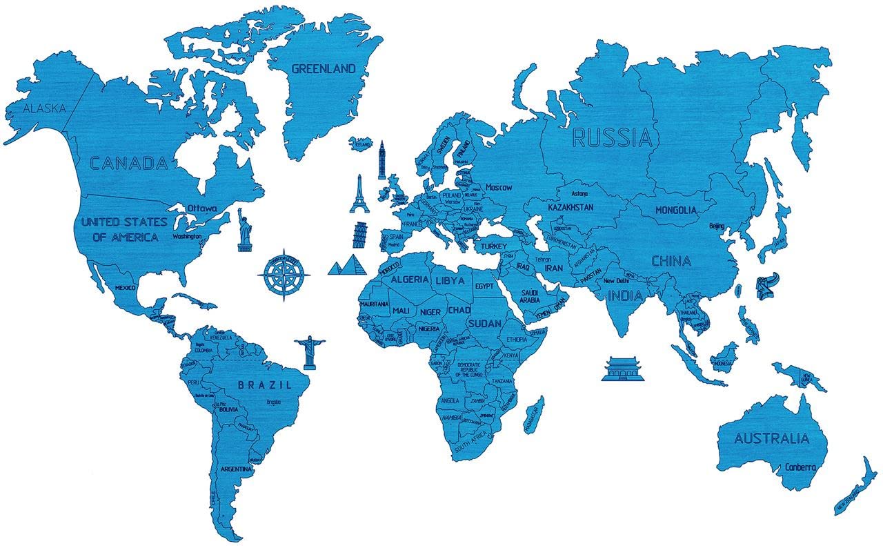Wooden City Mapa del Mundo de Madera Talla XL (Cyan) 120 x 80 cm Color Uno