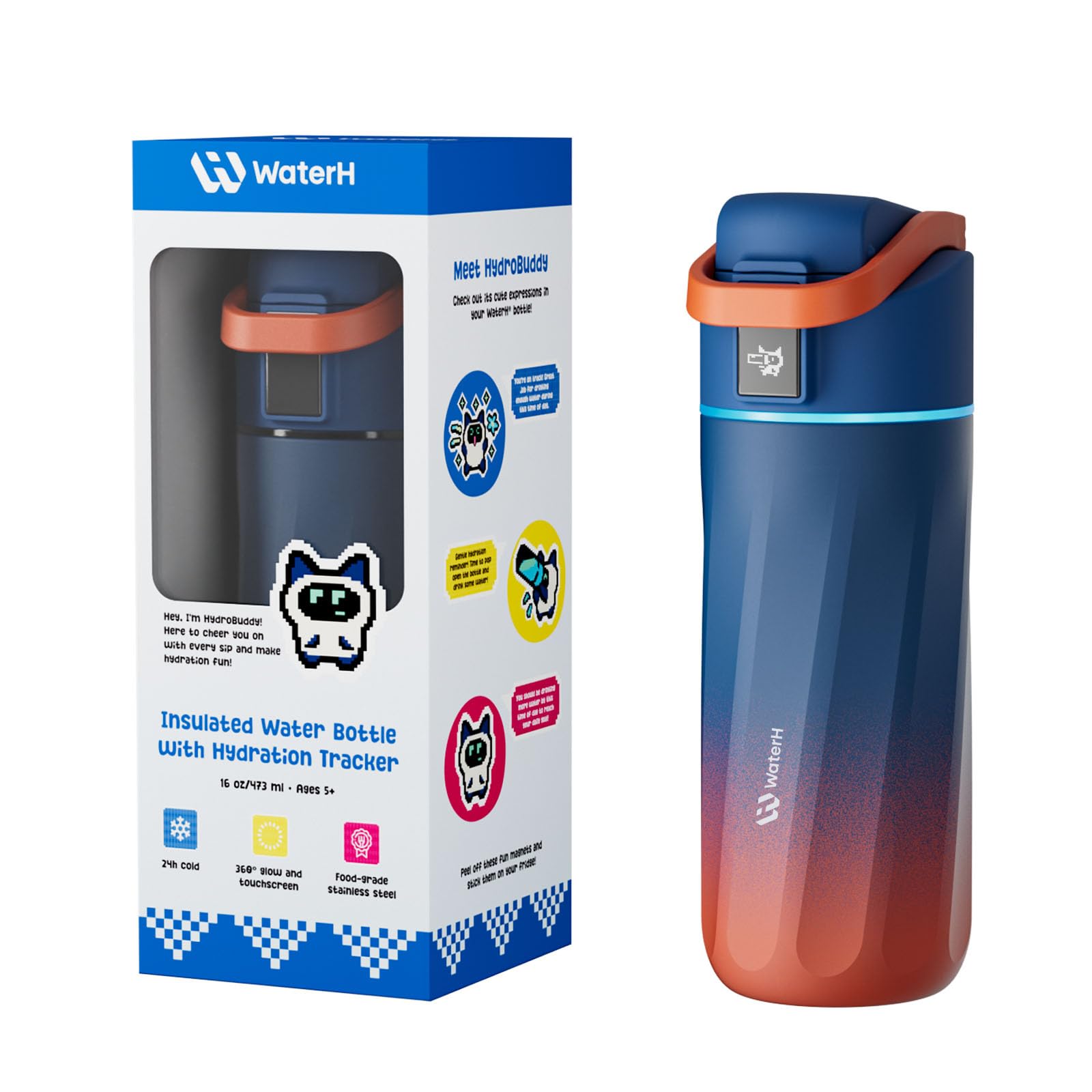 BOOST Smart Water Bottle with Reminder Tracker 16oz Kids Water Bottle for School DIY Refrigerator Magnets BPA-Free Vacuum