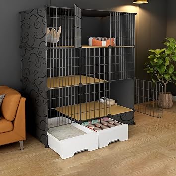 Indoor Cat Cage with Pull-Out Cat Litter Box, 2/3-Tier DIY Pet Playpen Detachable Dense Metal Wire Cat Villa Enclosure with Storage Cube Small Animal Fence House,Black-C-111 * 49 * 127cm1