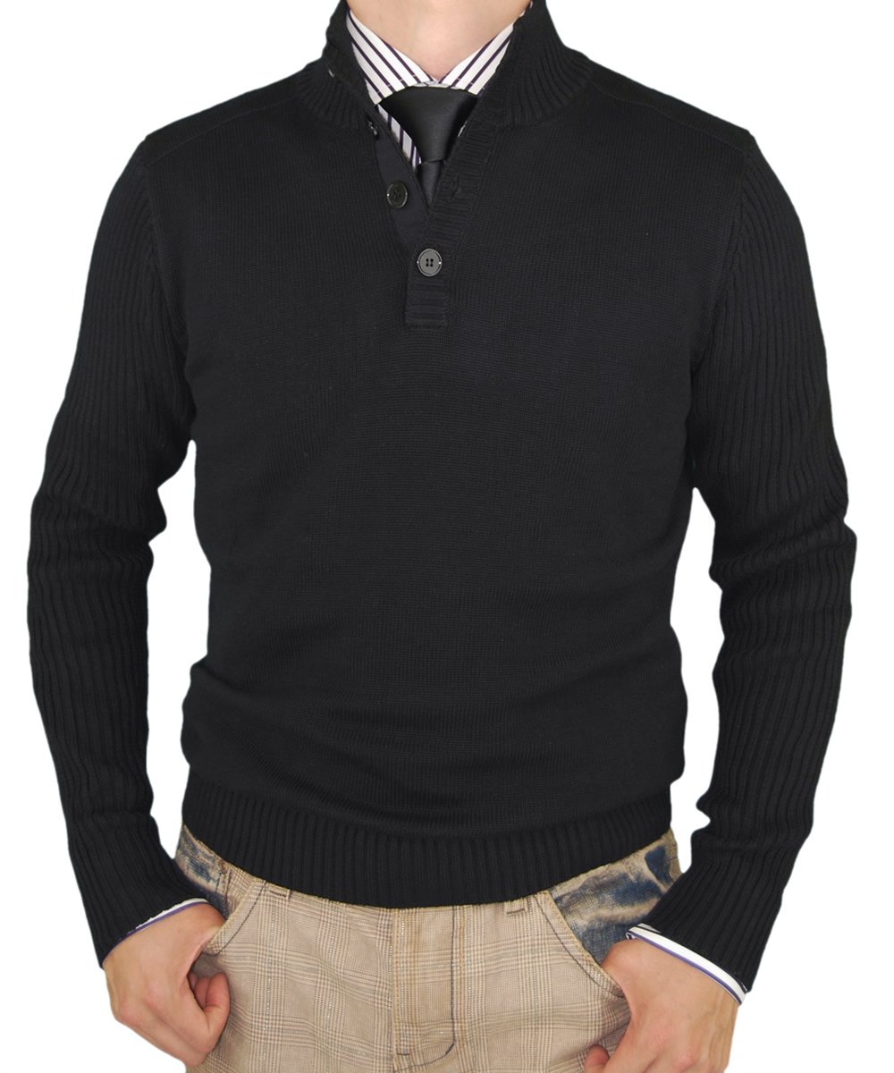 Luciano Natazzi Mens Sweater Classic Mock Neck Long Sleeve Ribbed Fine Cotton