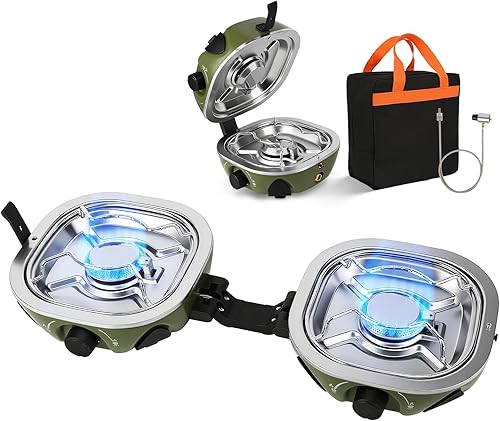 Miniatura 11 de INFOOD Estufa de camping de propano de 20,000 BTU – Estufa de gas portátil de 2 quemadores con control de llama ajustable, encendido piezoeléctrico,