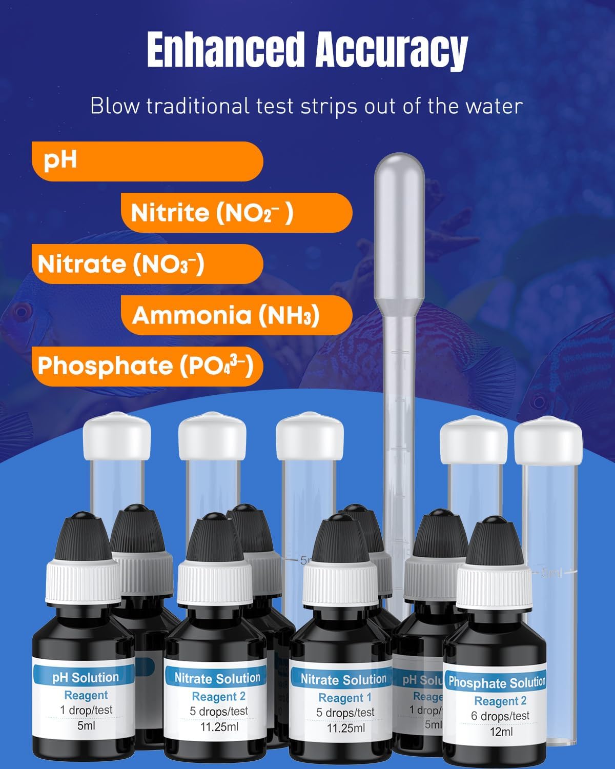 Pawfly Kit Test Acquario 5 in 1, Tester per PH Nitriti Nitrati Ammoniaca & Fosfati per Acqua Dolce e Salata, Set Analisi per Vasche Pesci