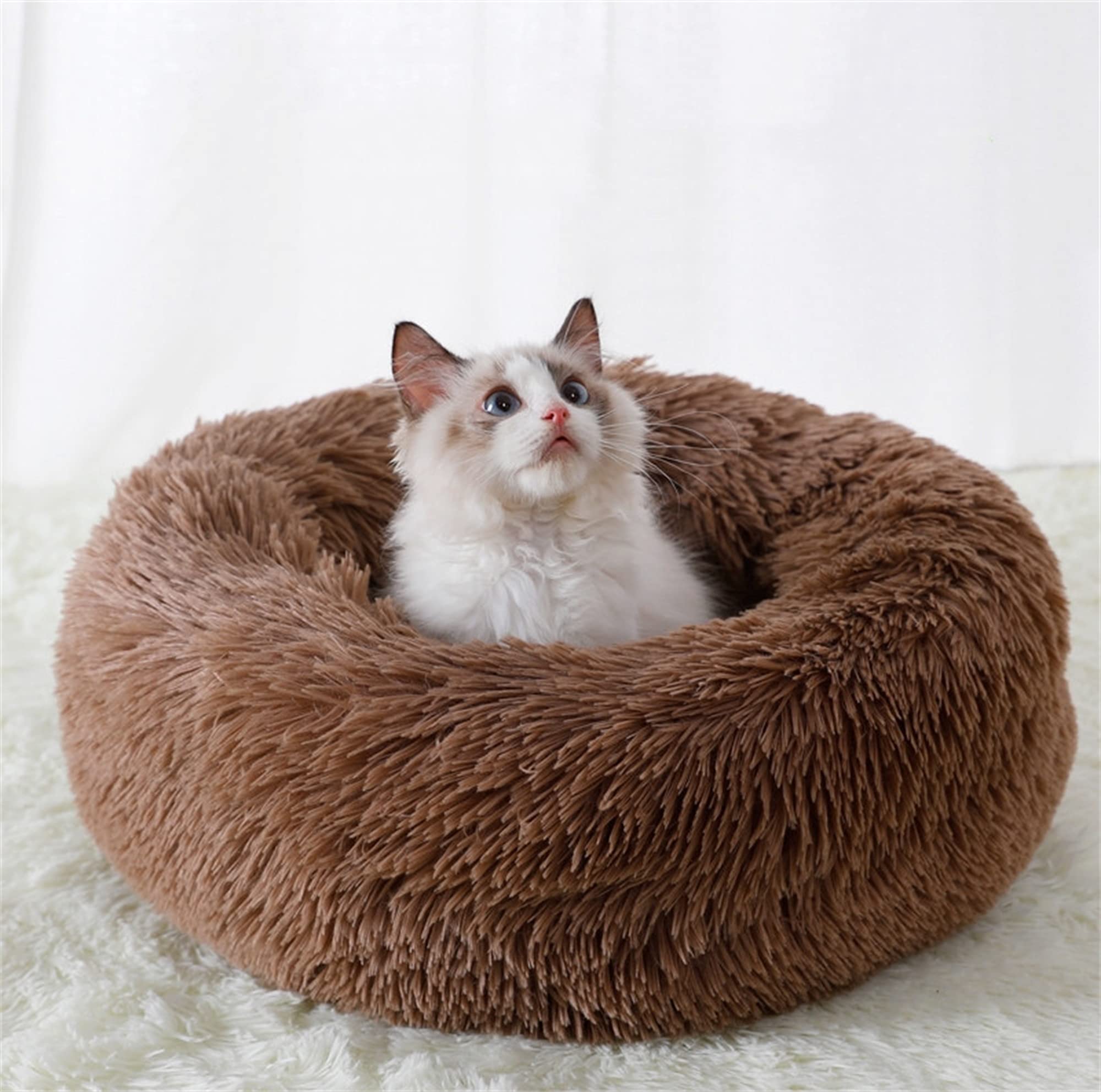 Gavenia Cat Beds for Indoor Cats -20’’x20’’ Washable Donut Cat and Dog Bed,Soft Plush Pet Cushion，Waterproof Bottom - Fluffy Dog and Cat Calming & Self-Warming Bed for Sleep Improvement (Brown)