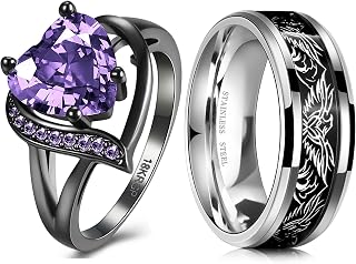 Promise Rings for Her/Him Black Halloween Ring for Couples Amethyst Heart/Eagle Gothic Rings Matching Rings for Couples Statement Rings for Women Men