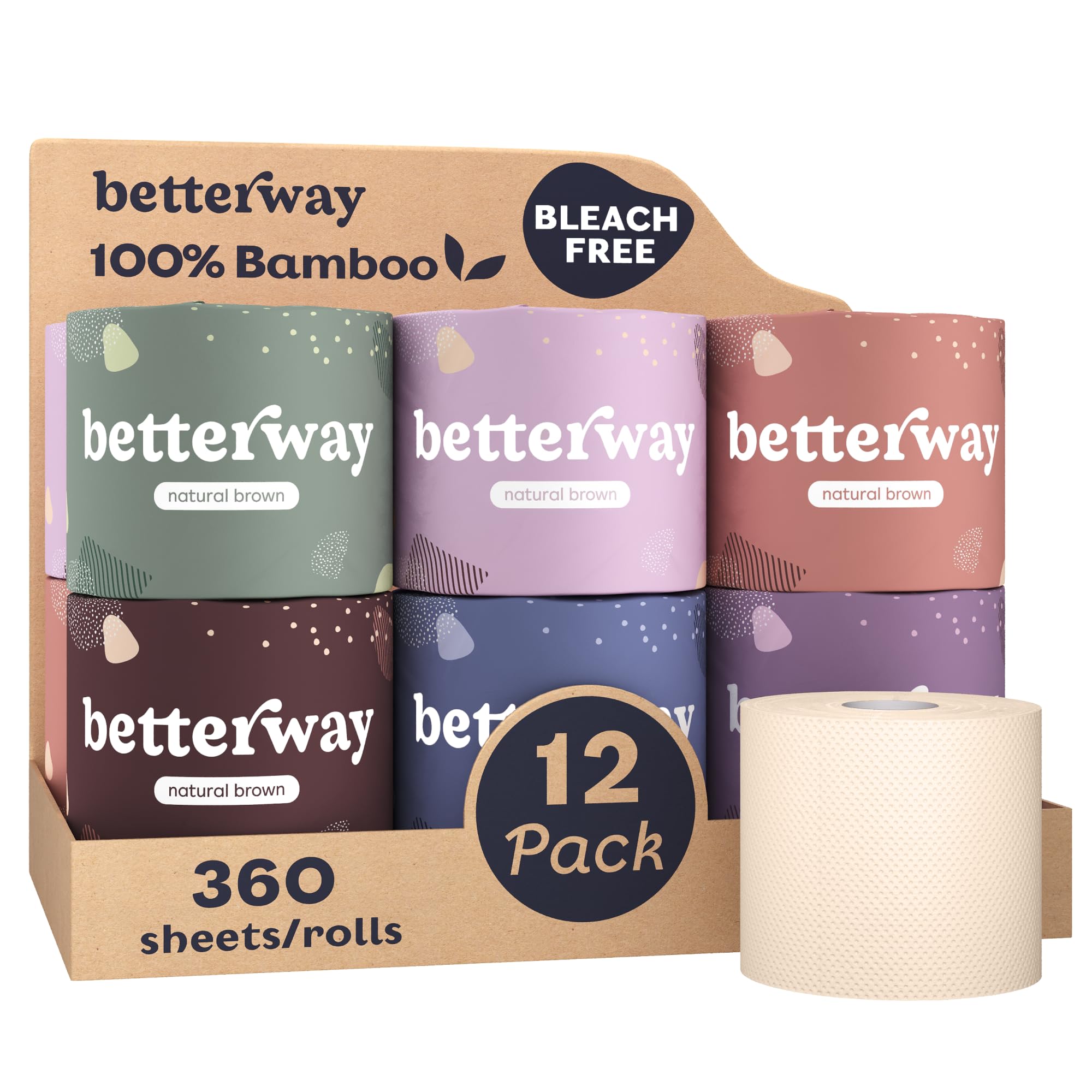 Betterway Unbleached Bamboo Toilet Paper Rolls - Eco-Friendly 3 Ply Toilet Tissue - 12 Long-Lasting Rolls - 360 Sheets/Roll - Organic, FSC Certified, Septic Safe TP - Lint-Free, PFAS-Free Bath Tissue