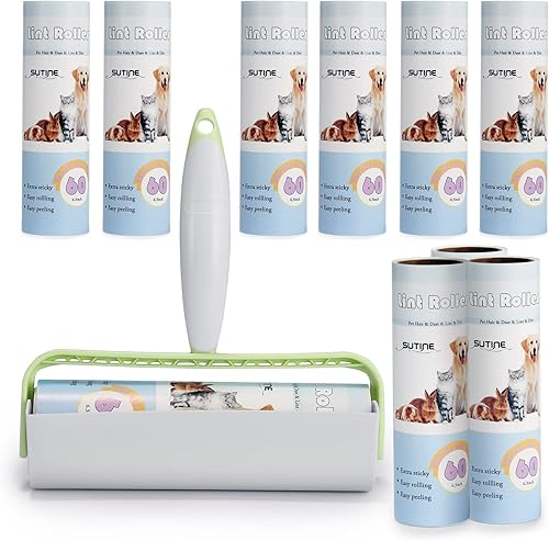 SUTINE - Rodillo de pelusa grande para pelo de mascotas, extra adhesivo, 600 hojas10 repuestos, rodillo adhesivo de 6.3 pulgadas para eliminar