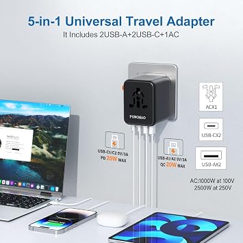 Universal Travel Adapter Worldwide with 2 USB C and 2 USB A Ports | Travel Plug UK to World with Dual 10A Fuses,20W All In One International Travel Adapter for EU USA UK AU Thailand,Japan,Asia