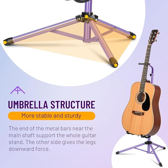 CAHAYA Folding Universal Guitar Holder - Floor Stand for Acoustic, Electric & Bass Guitars (Purple)