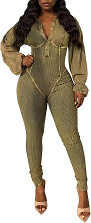 Womens Distressed Long Sleeve Jumpsuits Sexy Ribbed Patchwork Bodycon Long Rompers Casual One Piece Outfits