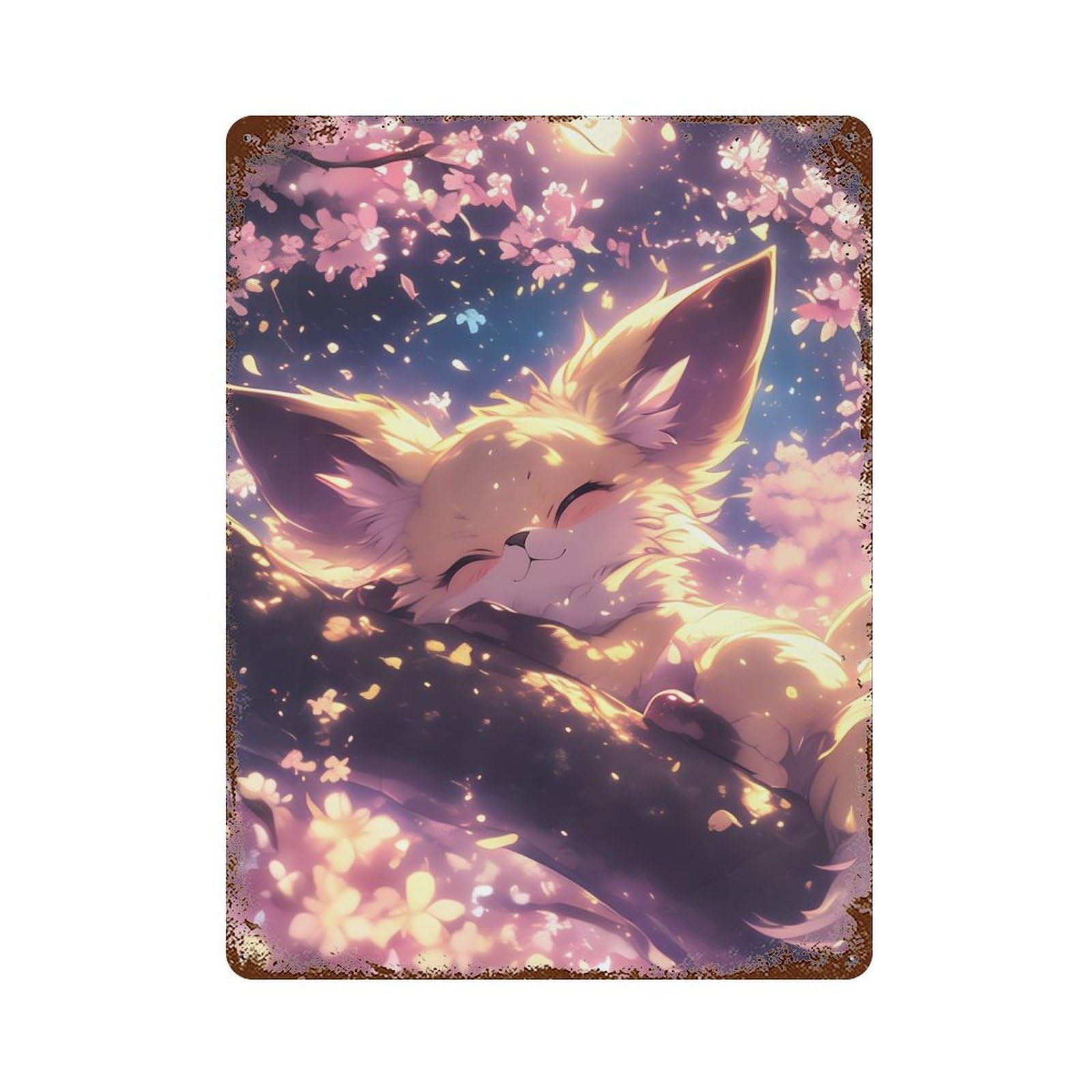 Distressed Metal Wall Sign Sleeping Fox in Cherry Blossoms 15.7"x11.8", Vintage Wall Decor for Garage, Bar And Workshop Decor