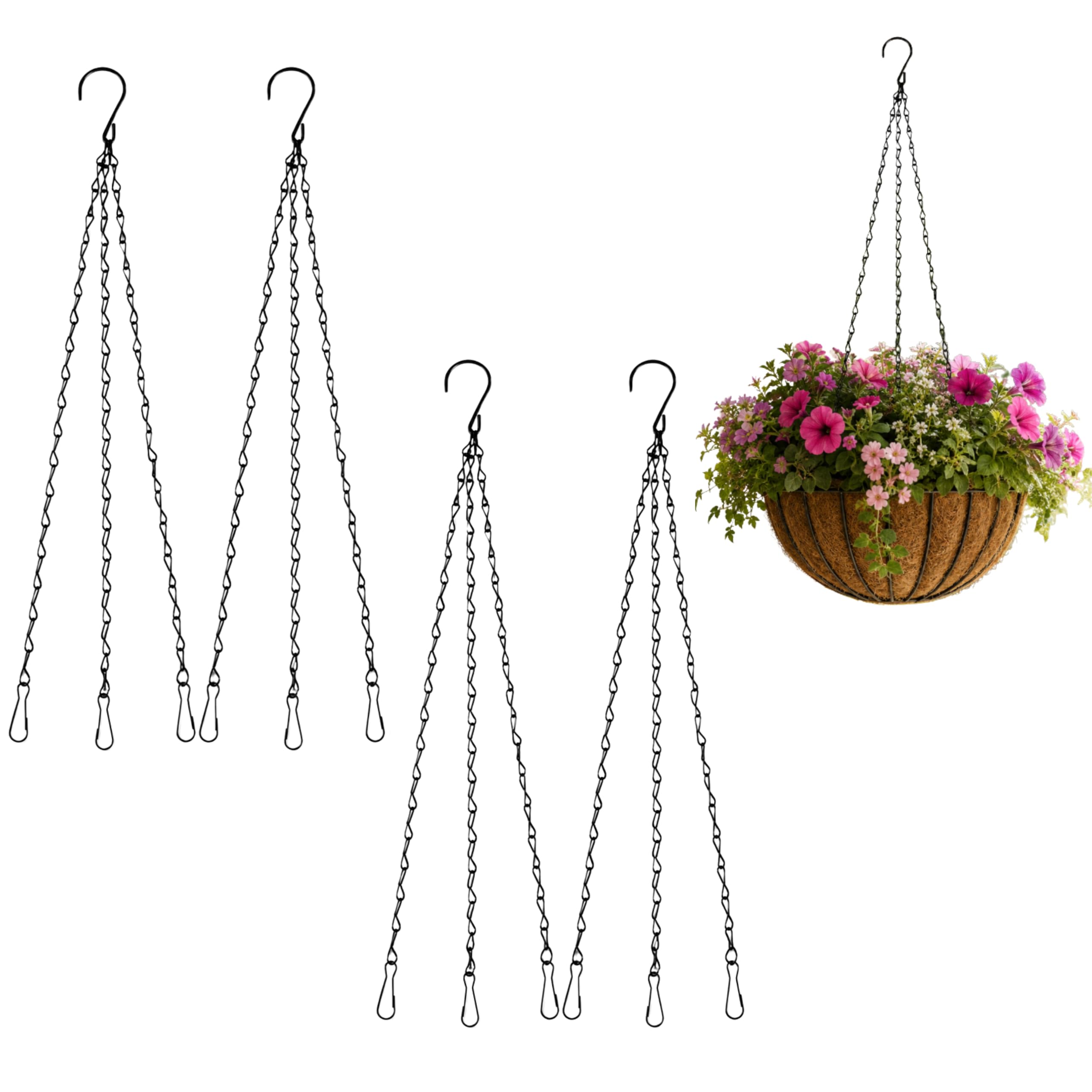 4 PCS 42 Cm (16 Inch) Hanging Basket Chains, Black Hanging Basket Chains 3 Point, Heavy Duty Chain, Hanging Basket Chain with Hooks, Suitable for Hanging Bird Feeders, Flower Pots and Decorations