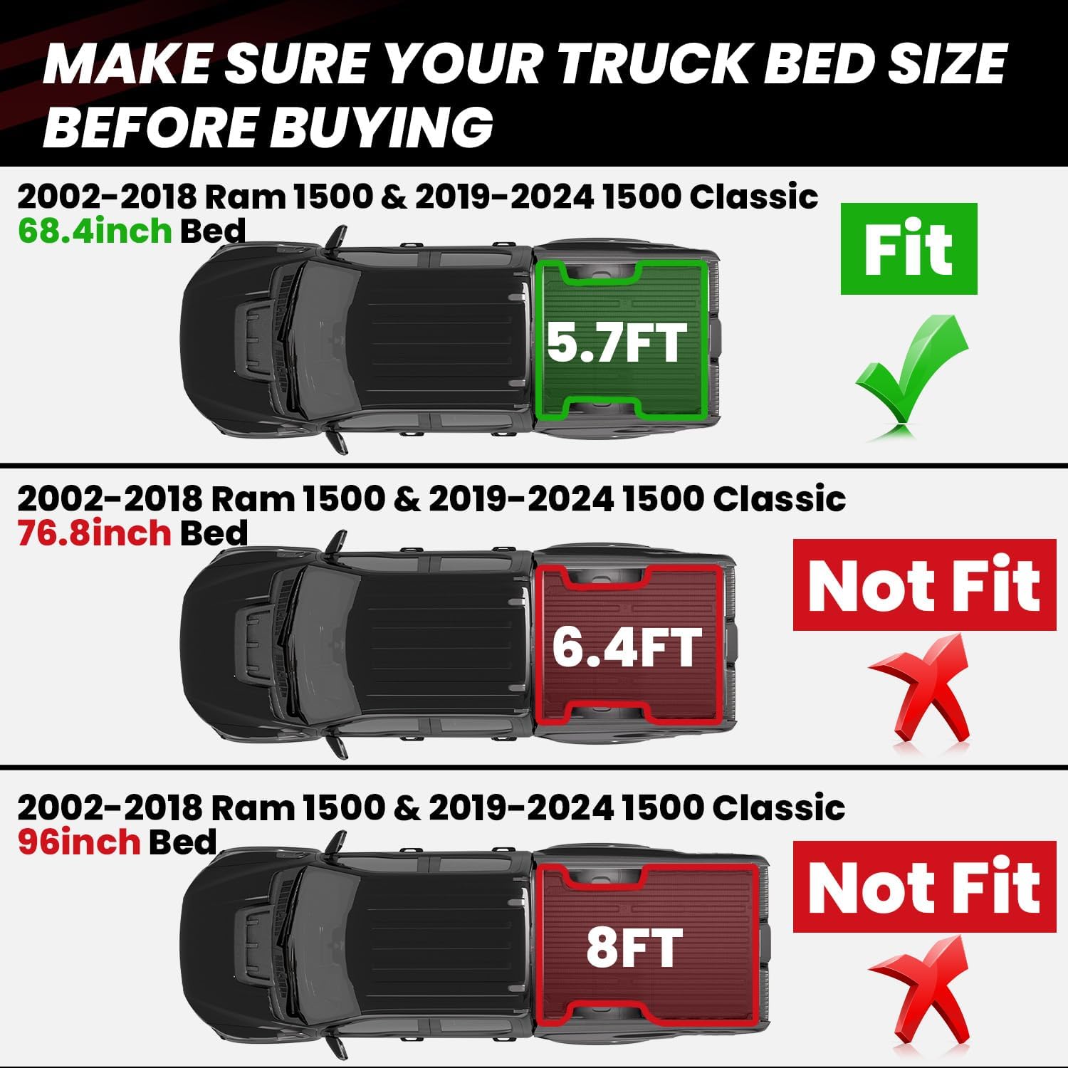 lasfit 5.7ft truck bed mat for ram 1500 2002-2018 & 1500 classic 2019-2024 (5ft7/67.4 inches) not for optional rambox, all weather custom fit tpe truck bed liner 3) for ram 1500 | 2002-2018 | 5.7ft bed mat