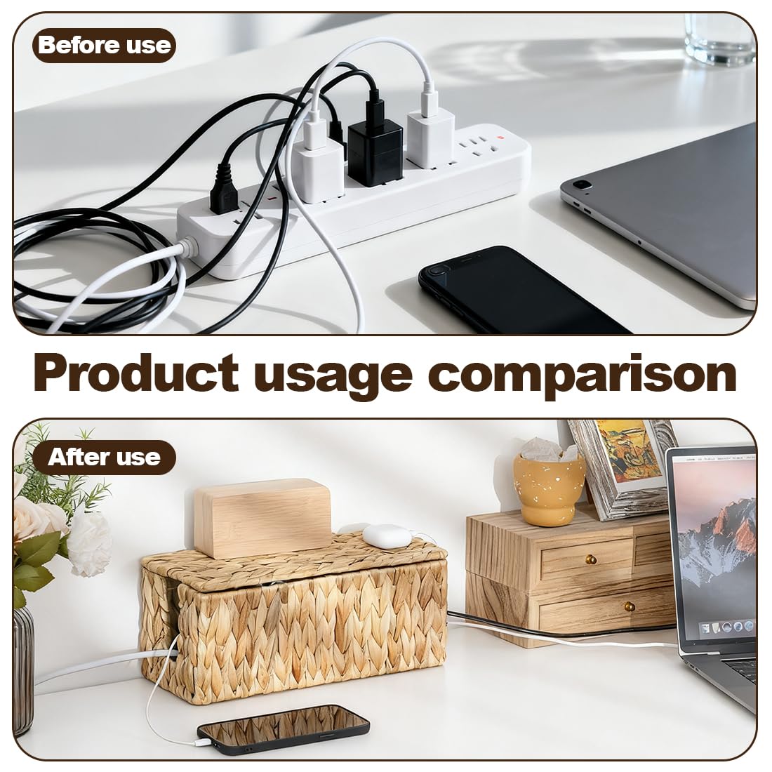 LOMUG 2 Stück Handgefertigte Wasserhyazinthe Kabelbox, Kabelbox mit Steckdosenleiste mit Abdeckung, Kabelmanagementbox mit Seitlicher Öffnung zum Verstecken von Kabeln, Geeignet für Büro, Zuhause