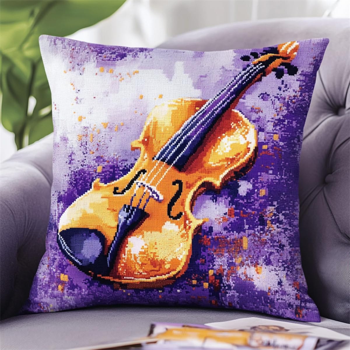 DIY Craft Latch Hook Rug Kits Violin Musical Instrument DIY Latch Hook Kits Pillow Printed Cushion Crochet Yarn Hook and Latch Kit Pillowcase Rug Home Decor 17x17In