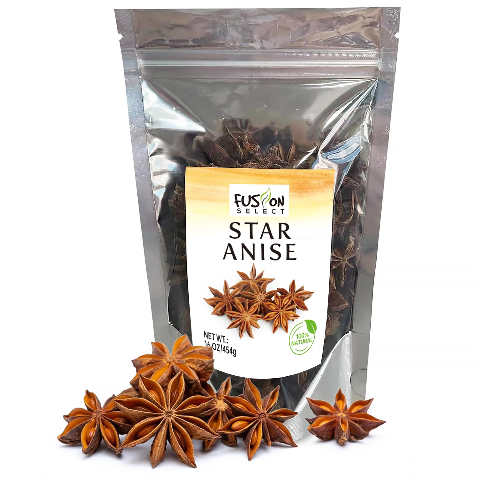 Fusion Select 16 Oz Dried Star Anise - Whole Badian Spice for Oriental & Indian Dishes & Recipes - Natural Herbs & Seasoning for Baking & Cooking -