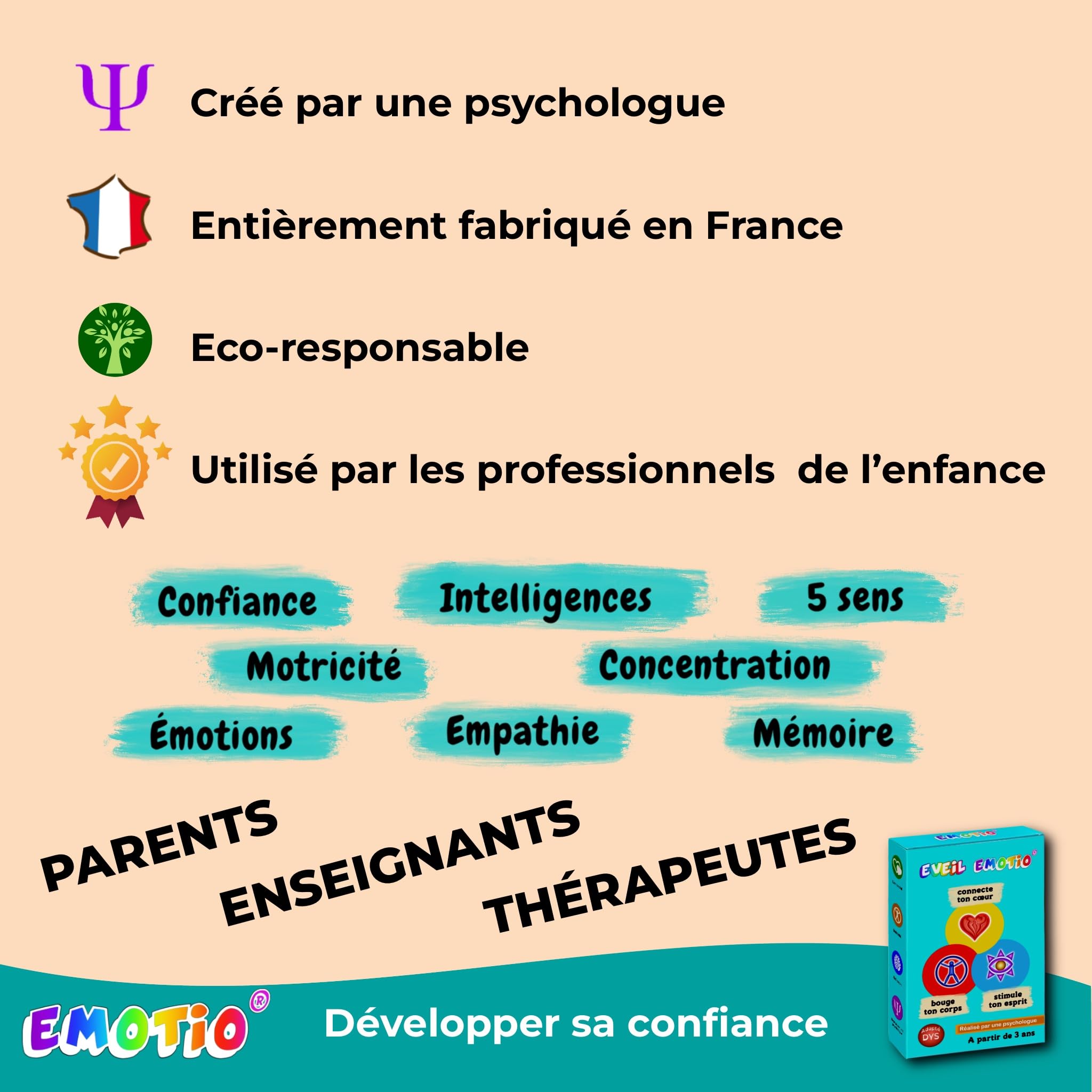 EVEIL Jeu de Cartes éducatif pour Le Coeur, Le Corps et l'esprit | Intelligence, Motricité, Emotions, Concentration, Mémoire | À partir de 3 Ans | Fabriqué en France