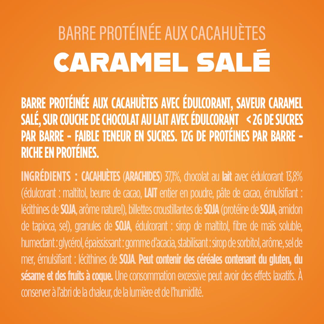 JOYFUEL Barre Protéinée Crunchy Nuts Cacahuète Caramel Salé 12x47g | 12g de Protéines, <2g de Sucre, Sans Gluten