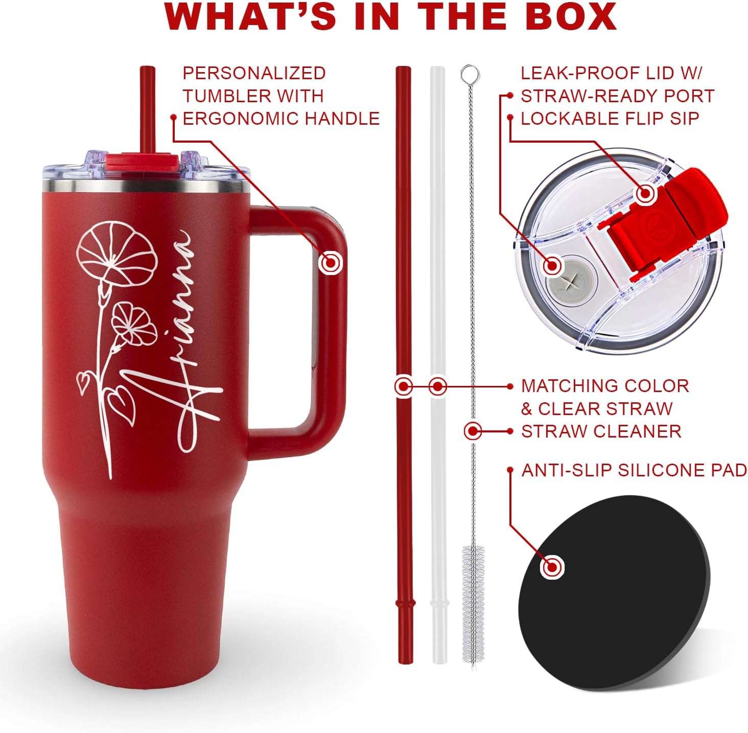 Personalized 40 oz Engraved Tumbler, With Handle, 2 Straws, Brush and Pad, Custom Name And Birth Flower, Stainless Steel Insulated Travel Cup, Double-Wall, Keeps Drinks Hot & Cold. (Spanish Sun) - Image 6