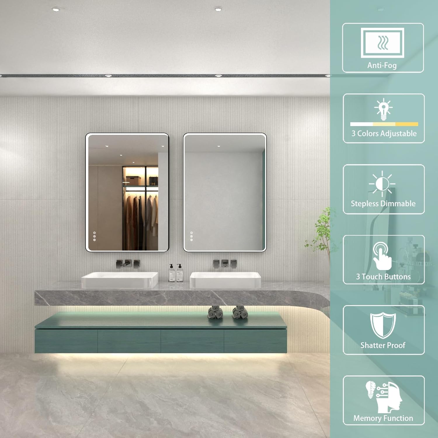 Twalsu 40x28 Inch LED Bathroom Mirror with Lights, Black Metal Framed LED Mirror for Bathroom, 3 Colors and Stepless Dimmable Wall Mounted Lighted Bathroom Vanity Mirror, Anti-Fog, Memory Black 40"L x 28"W