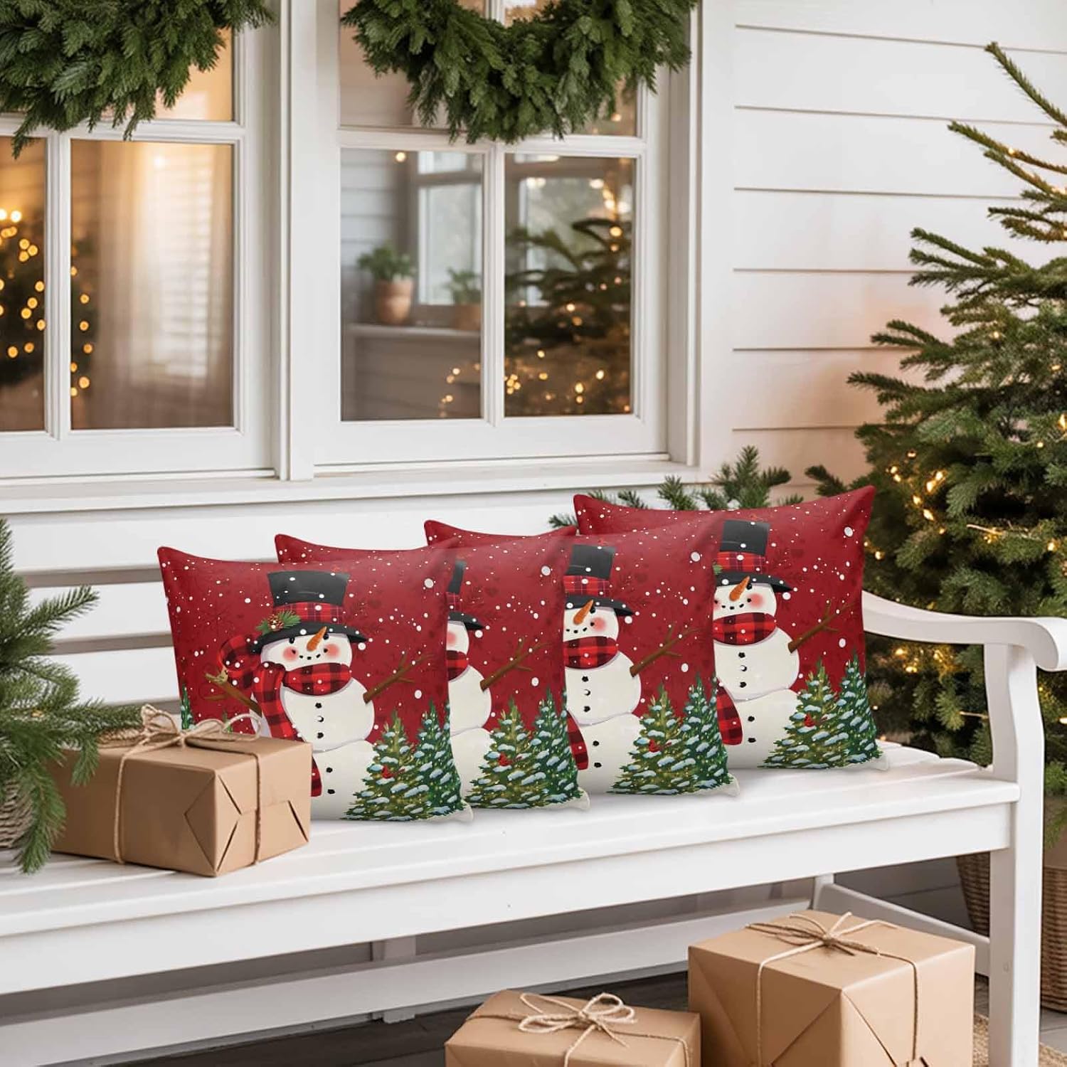 Waterproof Pillow Covers for Outdoor/Indoor,Cute Snowman Christmas Tree Holiday Pillow Cases Soft Throw Pillows Pack of 2,Winter Snow Cardinal Berry Red Back Cushion Cover for Living room/Bedroom/Bed