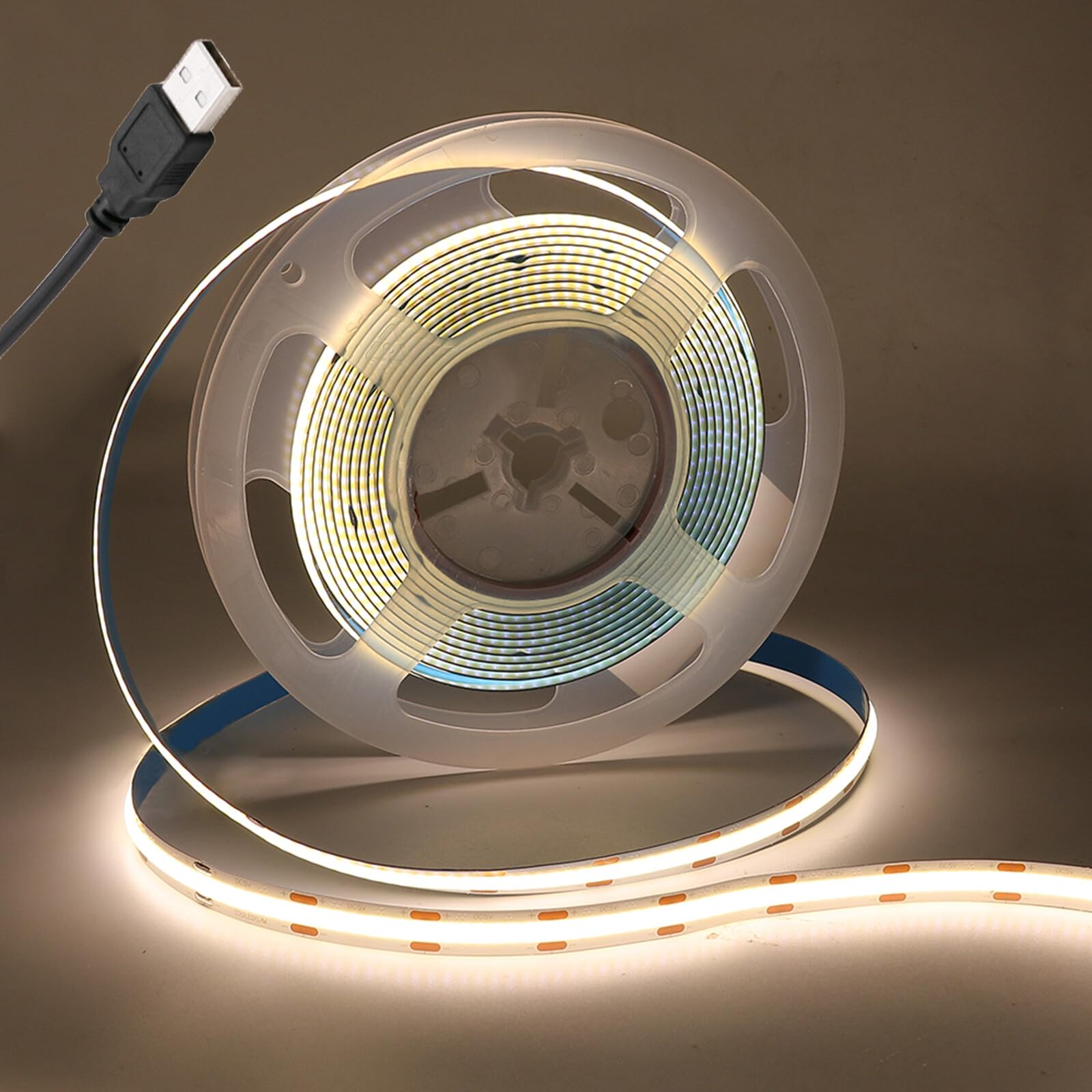 KAFULA 5V COB LED Strip Self-Adhesive [0.5M,Natural White 4000-4500K], USB Powered, 320 LEDs/m Super Bright Flexible FCOB LED Fairy Lights CRI90+, Can be Cut Every 5cm, Bedroom Cabinet Kitchen