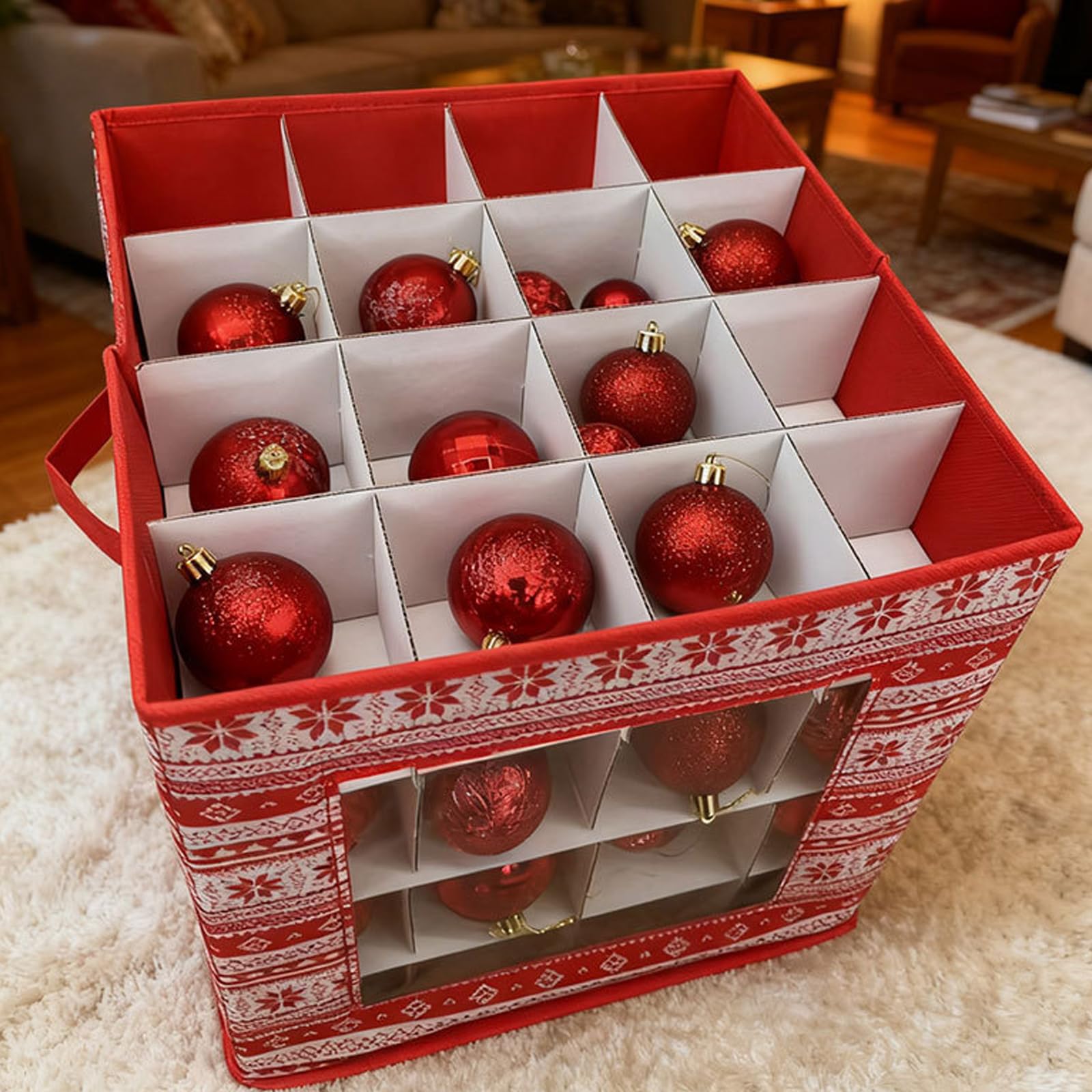 Robuster Aufbewahrungskoffer für Weihnachtskugeln aus Vliesstoff mit verstellbaren Trennwänden und sichtbarem für Etiketten Großer Aufbewahrungskoffer für Weihnachtsdekorationen mit großem